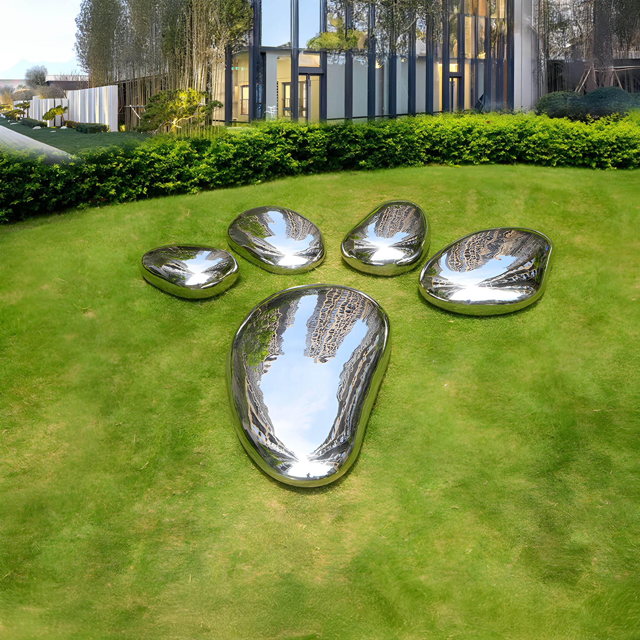 Shiny, stainless steel Pebble Organic Outdoor Steel Sculptures (90/118cm) by Giant Sculptures are shaped like dog paw prints and placed on grassy areas. Their reflective surfaces seamlessly blend with the surrounding greenery and buildings as modern landscape art pieces.