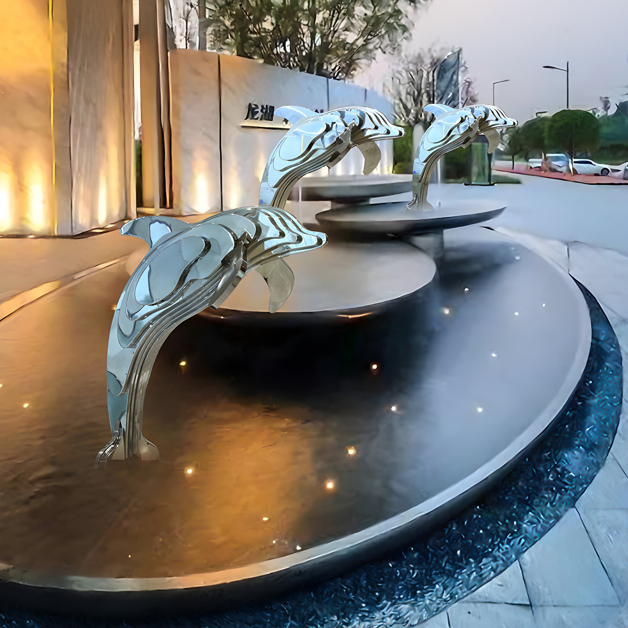 Contemporary dolphin sculpture near a water feature, showcasing reflective silver surfaces, perfect for outdoor landscapes or luxury spaces.