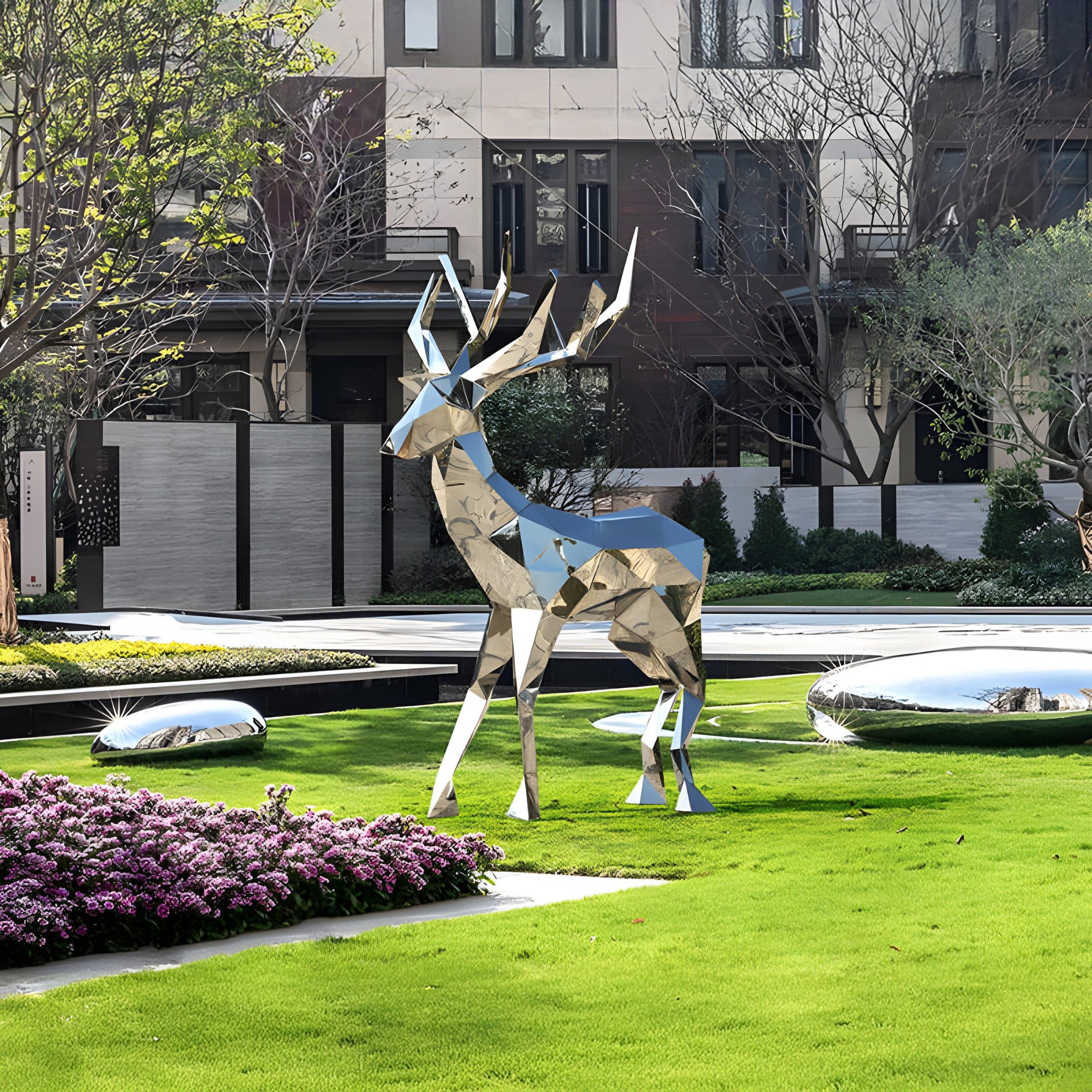 Sculpture displayed on a lush lawn in a backyard garden with reflective surfaces.