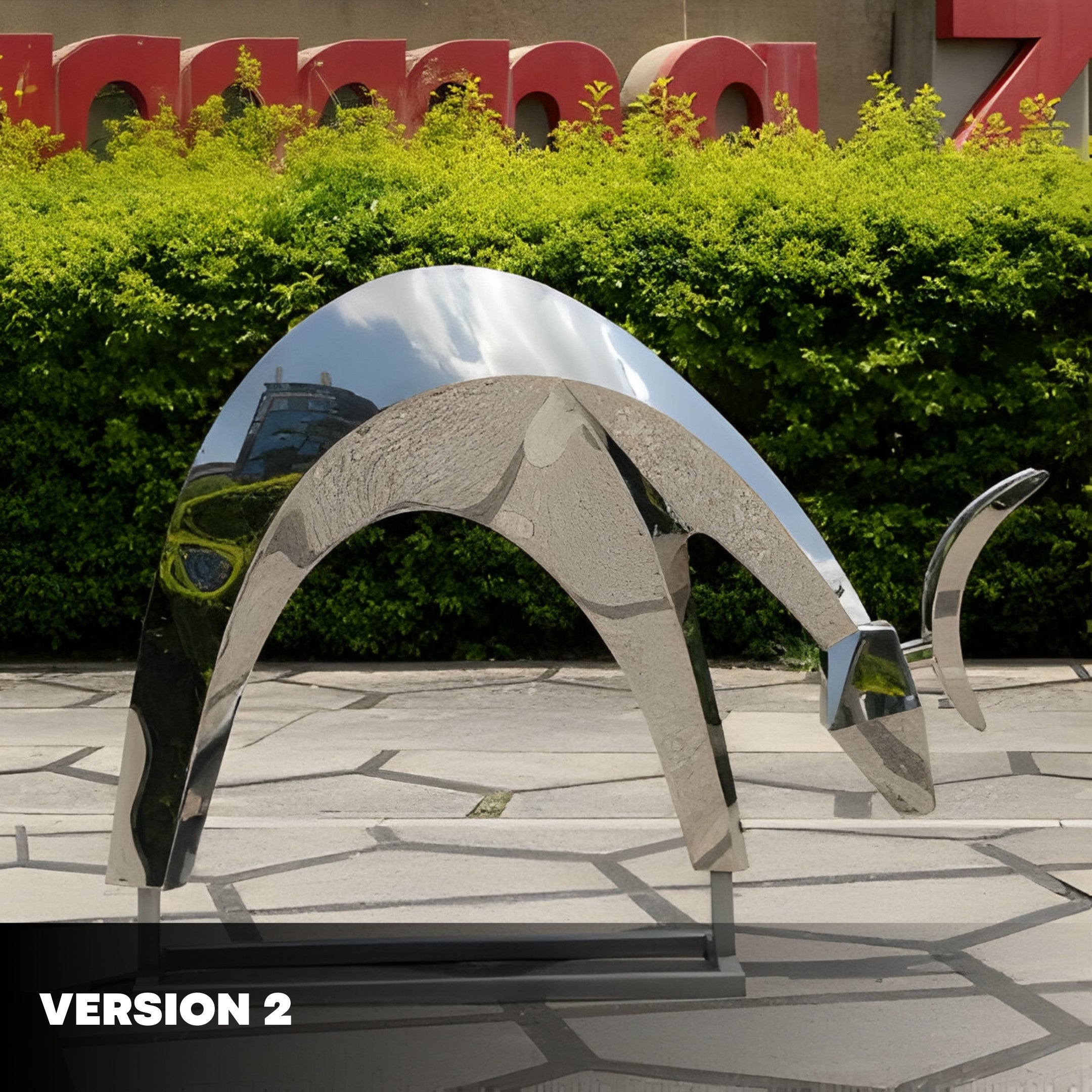 Rear view of the deer sculpture, showcasing the sleek, angular design and reflective surface.