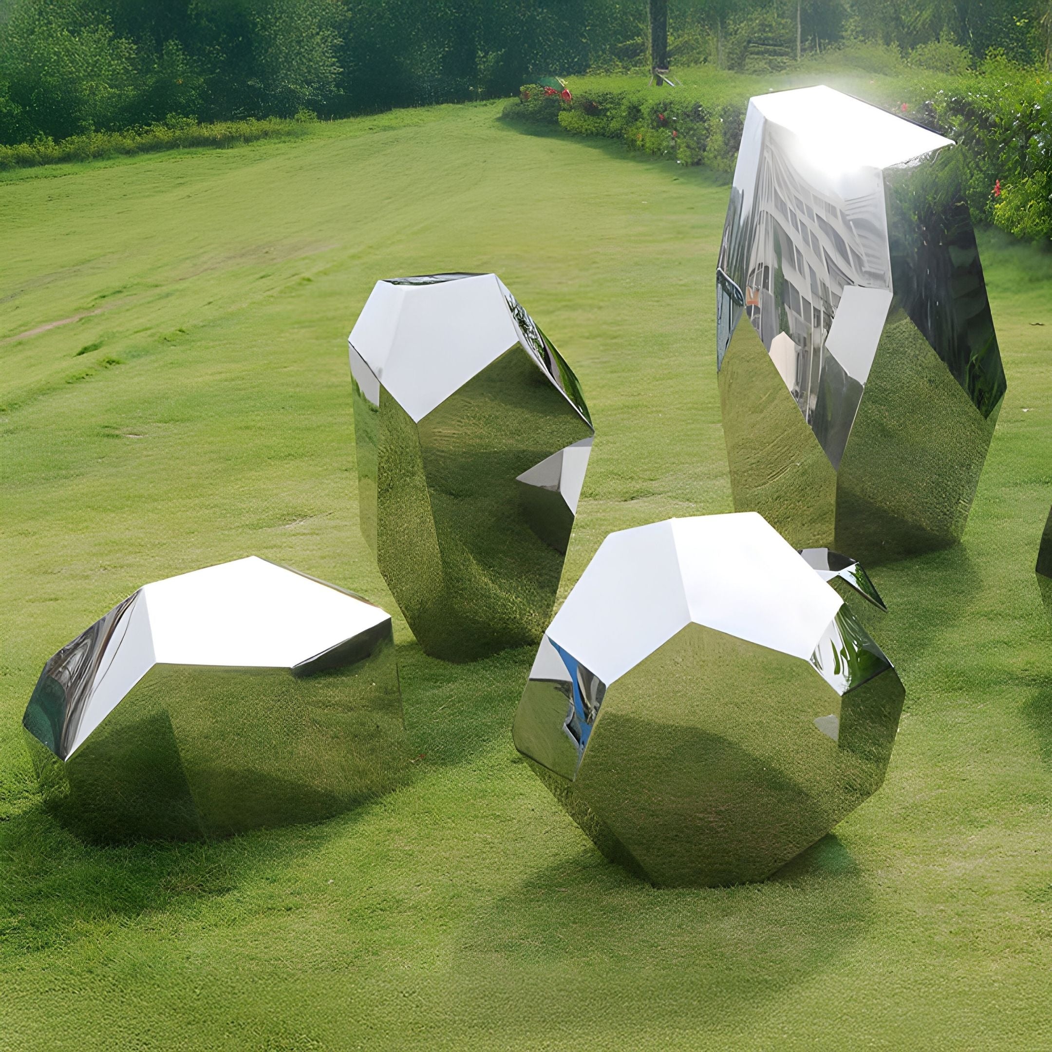 Four Tetra Geometric Steel Rock Sculptures by Giant Sculptures are scattered on a grassy field, reflecting surroundings and showcasing contemporary elegance with green grass and distant trees.