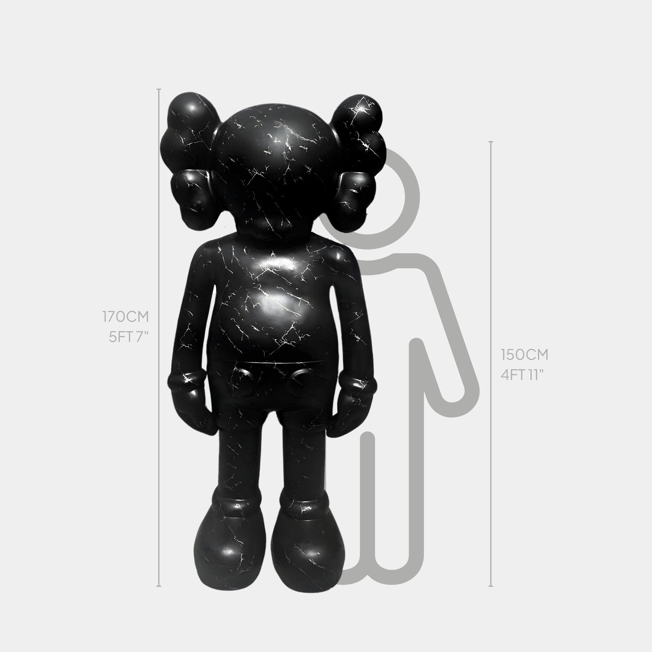 The Giant Sculptures Midnight Black Iconify Standing Sculpture, standing 170cm tall, is displayed against a faint human outline for scale. It features a glossy black finish with marble-like accents, embodying minimalist aesthetics.