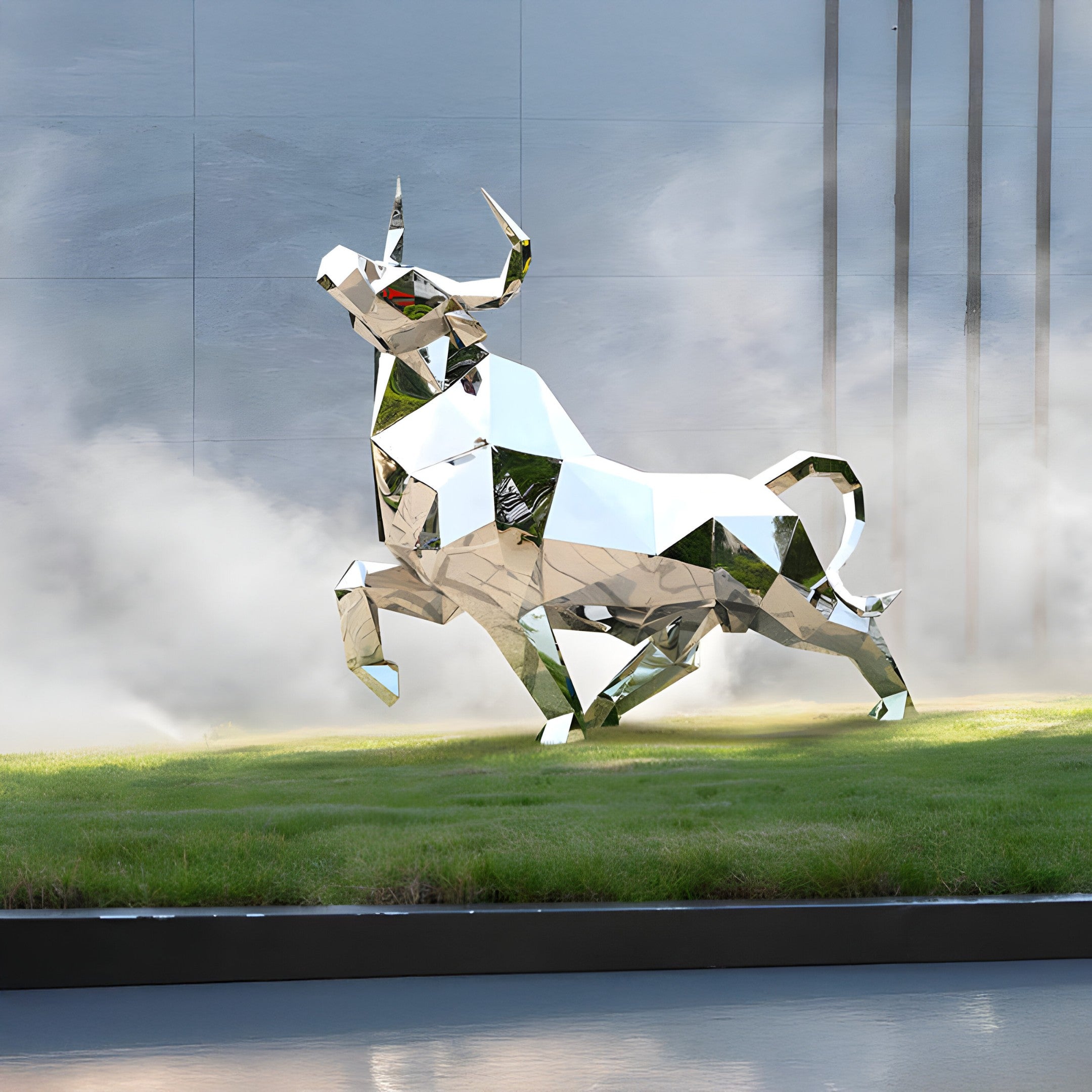 Dynamic outdoor display of a geometric bull sculpture, set against a misty backdrop to emphasize movement and power in contemporary art.