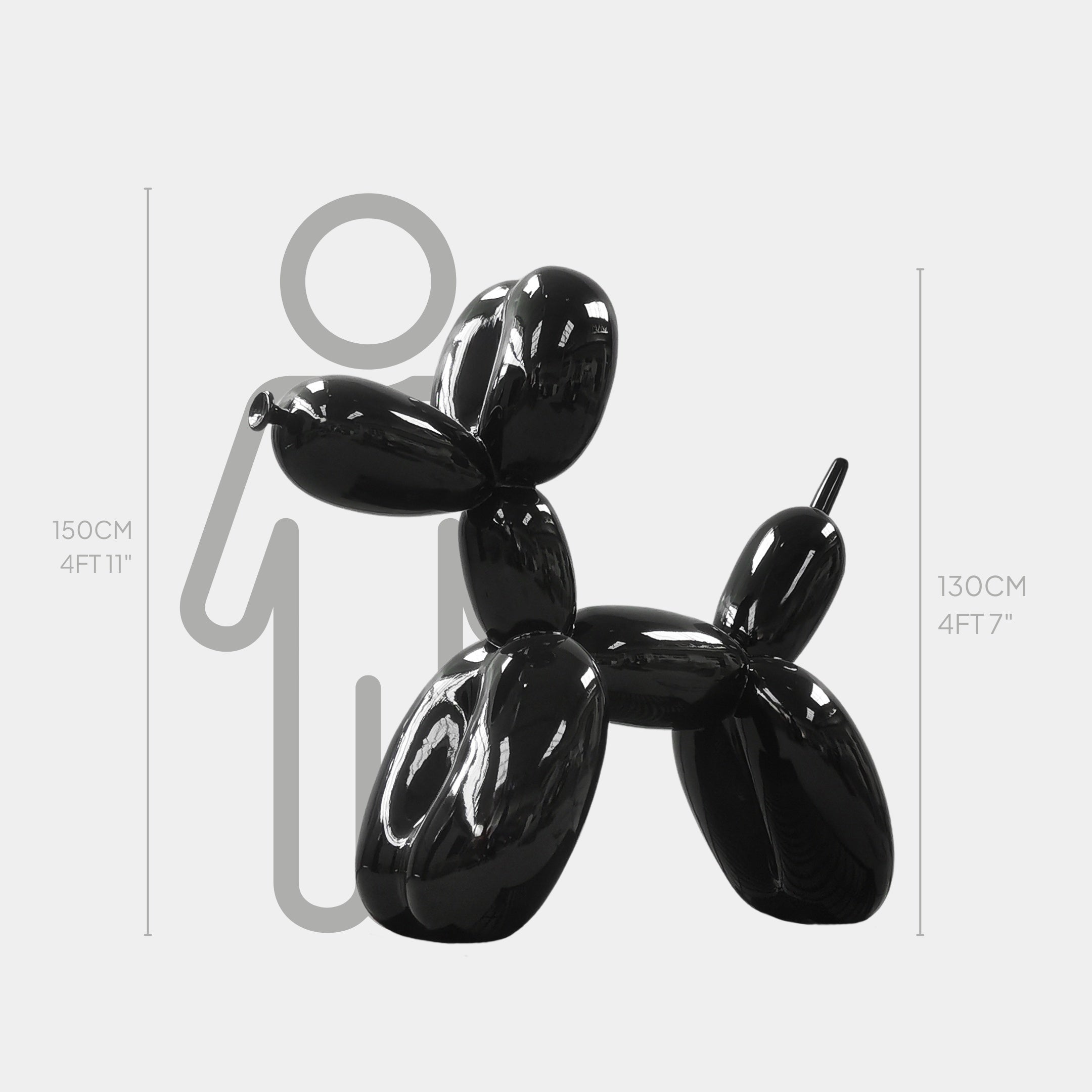 The Onyx Black Balloon Dog Sculpture by Giant Sculptures stands at 130 cm, creating an elegant contrast against a 150 cm person outline, resulting in a striking visual display.