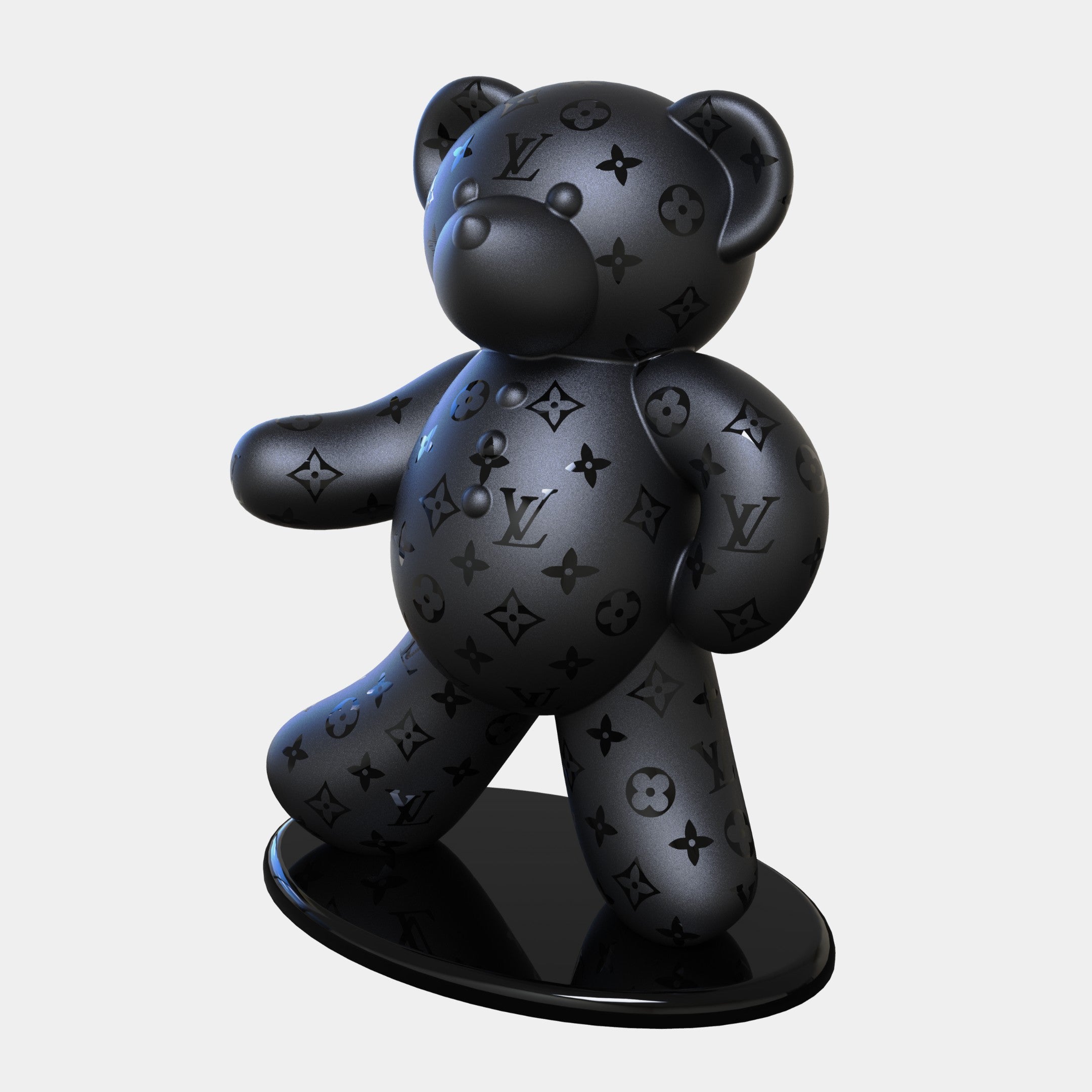 The Gacko Black LV Bear Sculpture by André Gacko, from Giant Sculptures, features a glossy, logo-adorned design. This limited edition 165cm black figurine strikes a walking pose on a matching sleek black base, epitomizing contemporary art.