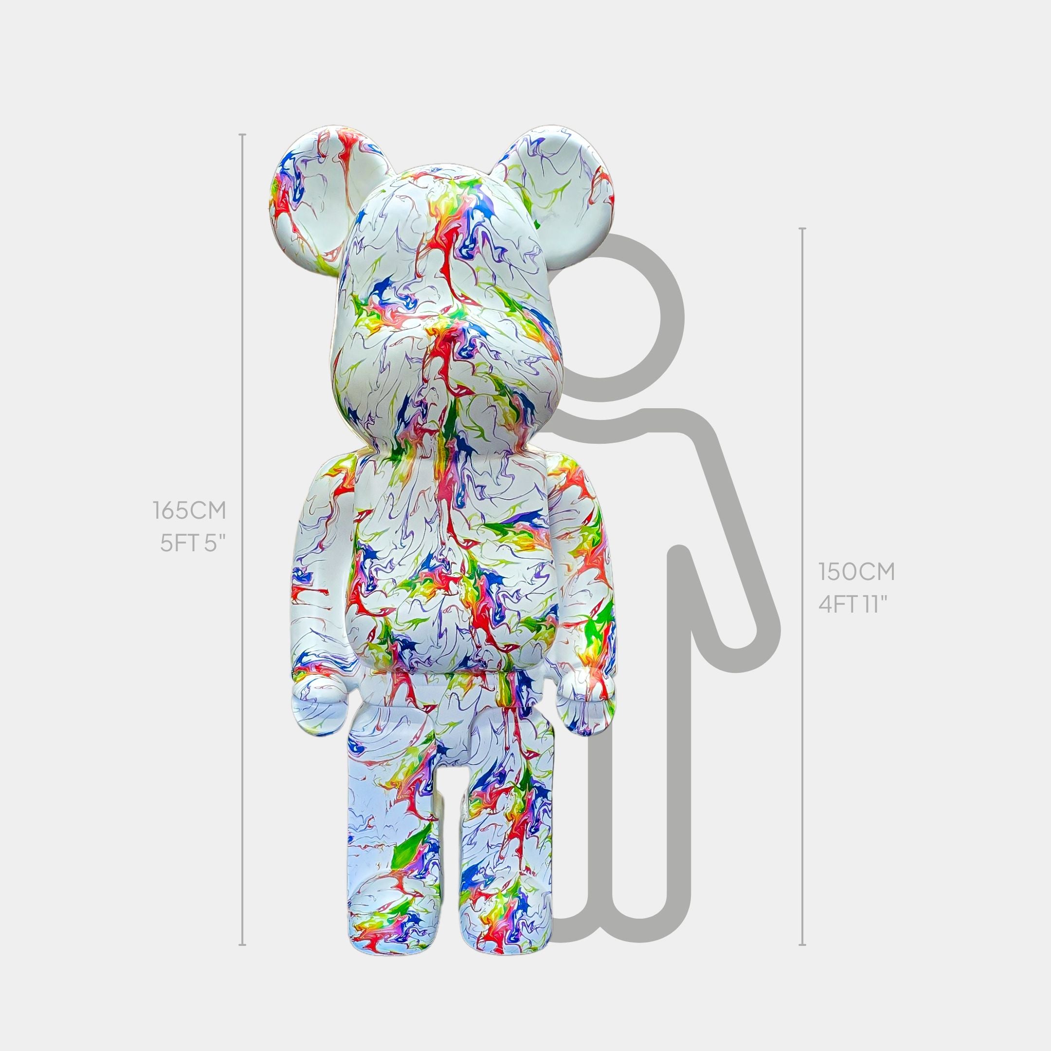 A vibrant Vogue Bear Sculpture - 165cm by Giant Sculptures stands beside a height chart, showcasing its colorful, splattered design. The backdrop features a gray silhouette marked at 150cm (4 ft 11 in), ideal for modern art lovers and home decor.