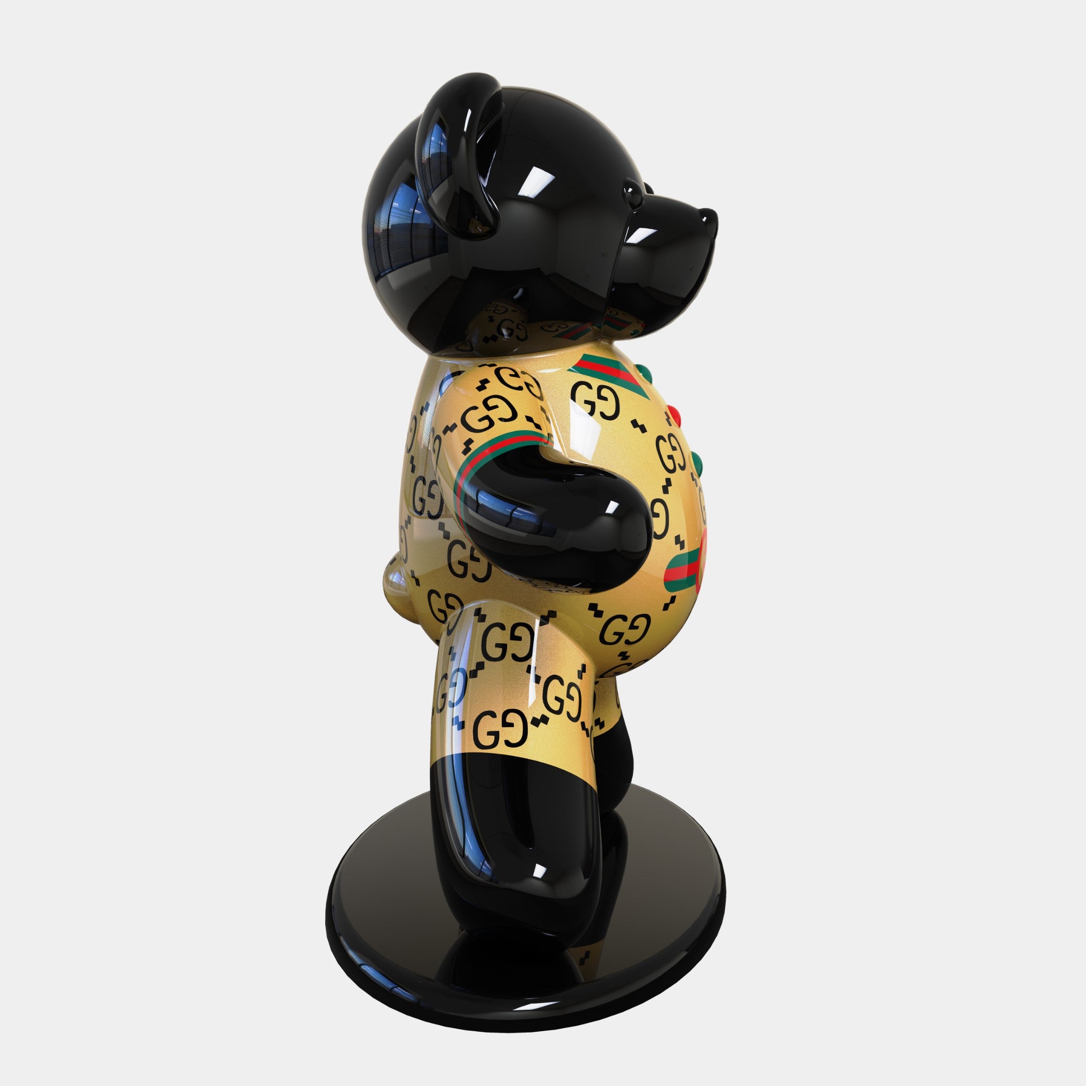 The Gacko Gucci Bear Sculpture from Giant Sculptures is a glossy, 165cm bear-shaped figurine with a beige body featuring black GG patterns and red-green stripes. Set on a round black base, its shiny black head and paws highlight modern luxury and reflect a Pop Art collaboration.