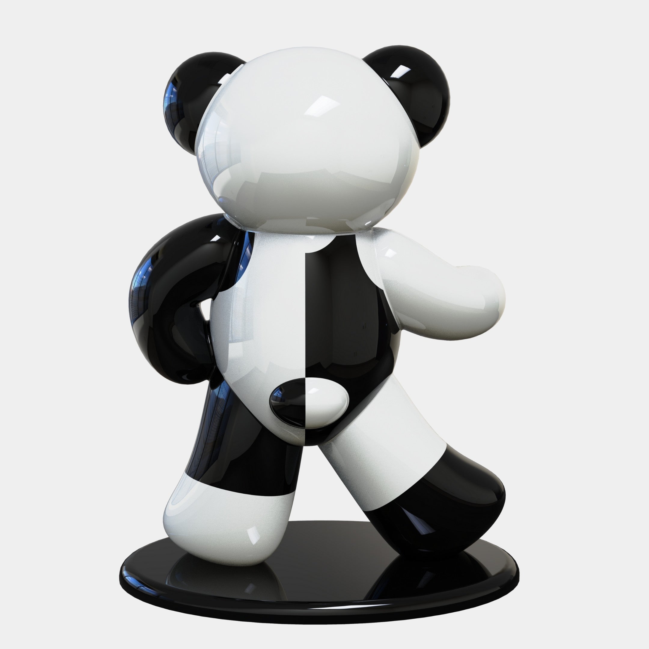 The Gacko Channel Bear Sculpture by Giant Sculptures is a glossy, 165cm tall pop art piece with an abstract, black-and-white split design on a circular base. Its striking contrast makes it ideal for luxury branding.