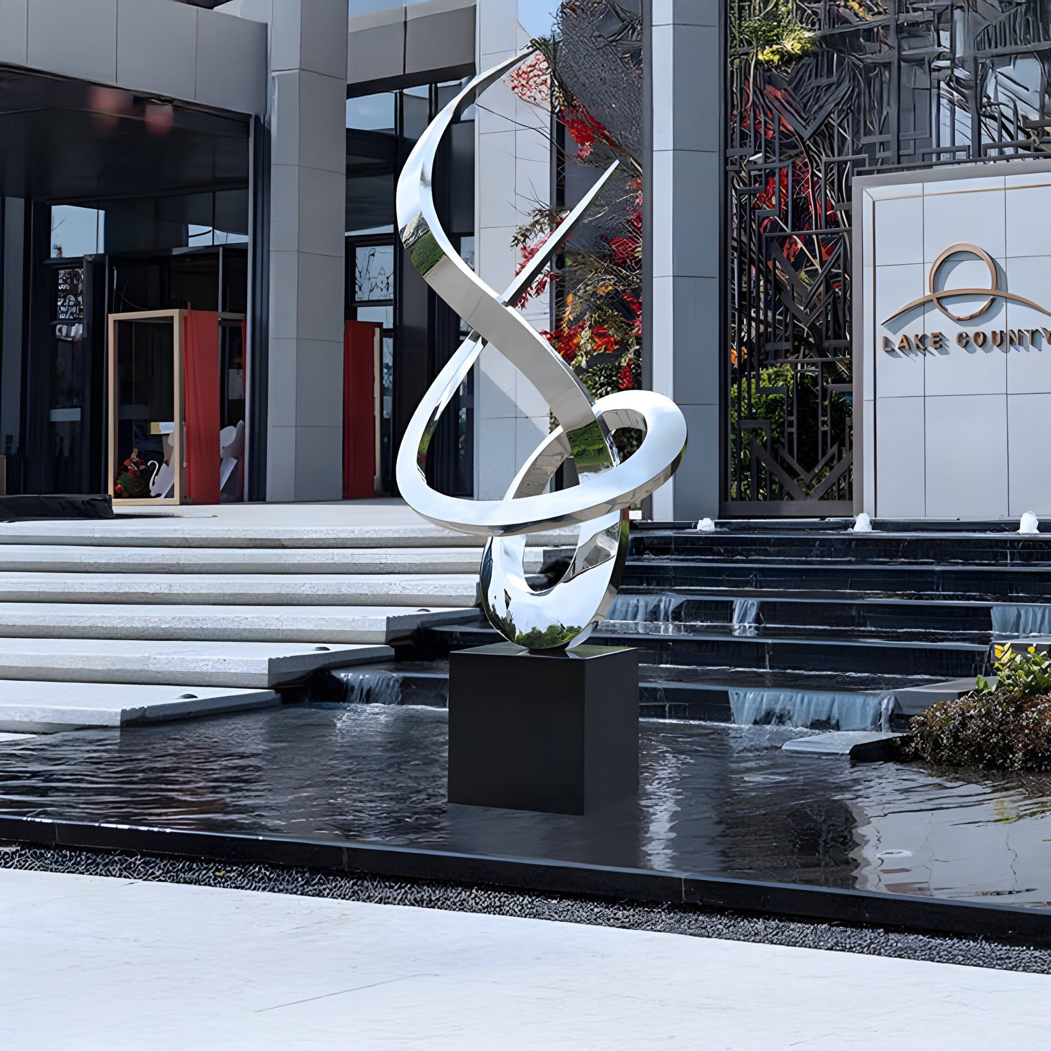 The sculpture displayed outdoors in a landscaped garden near a corporate building.