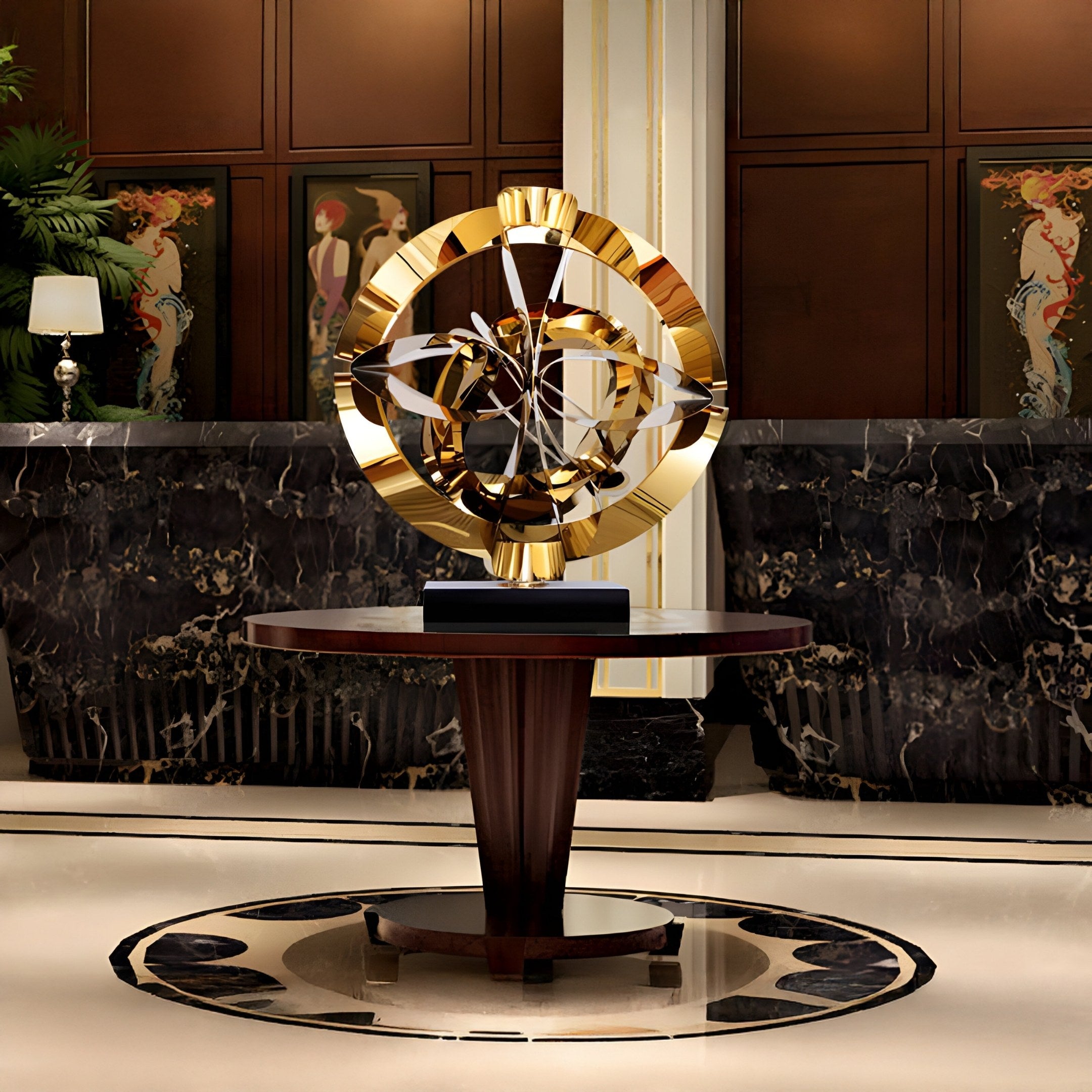 The Giant Sculptures Orbit Copper Geometric Steel Sculpture (55/65cm) elegantly sits on a round wooden table, set against a dark marble wall featuring artistic panels and surrounded by lush greenery. Its design harmonizes with the polished floor, enhancing the room’s refined decor.