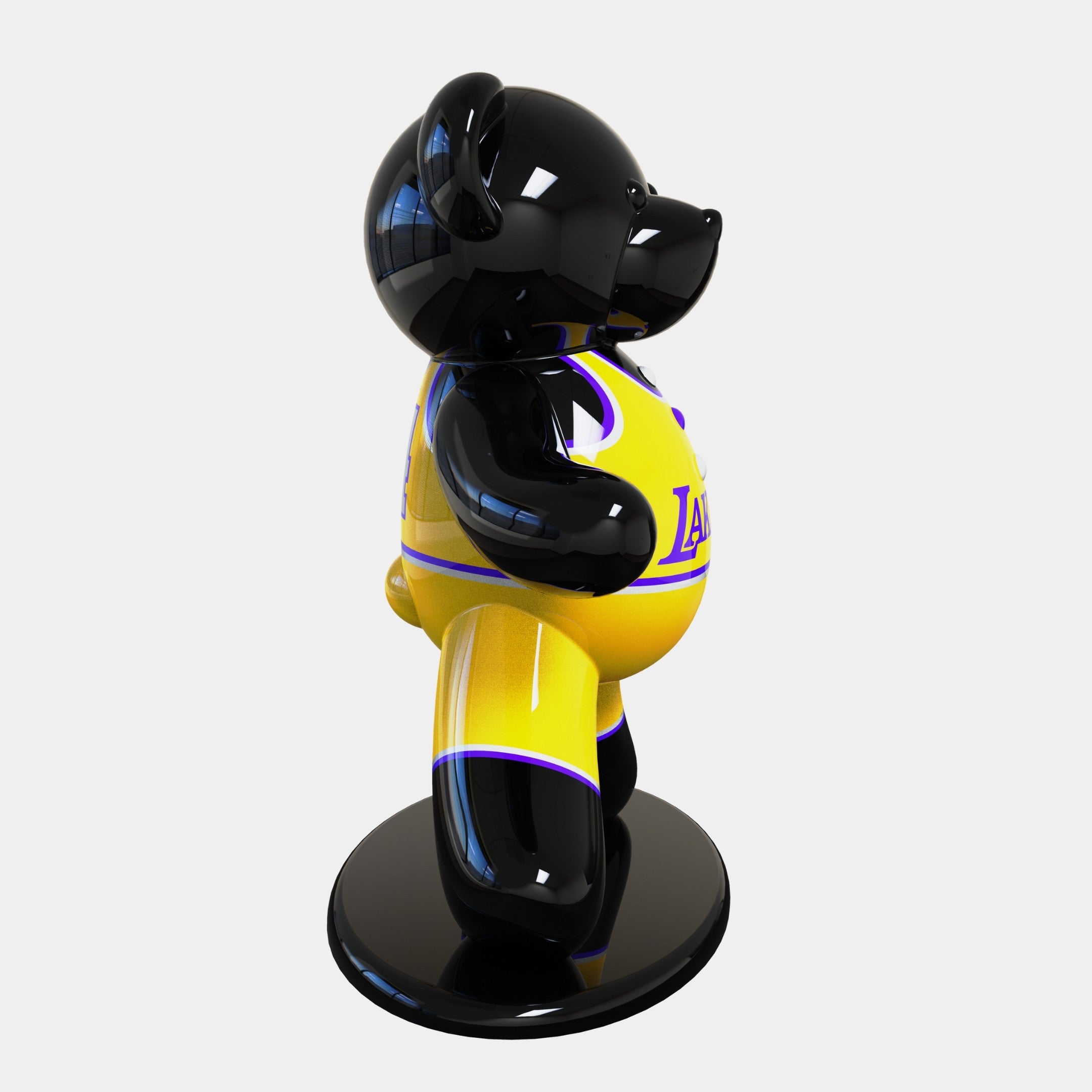 The limited-edition Gacko Lakers Bear Sculpture by Giant Sculptures features a glossy black bear in a vibrant yellow and purple sports jersey, set on a sleek black base. The 165cm bear stands in profile, showcasing its shiny surface and the stylized Le of its art-inspired attire.