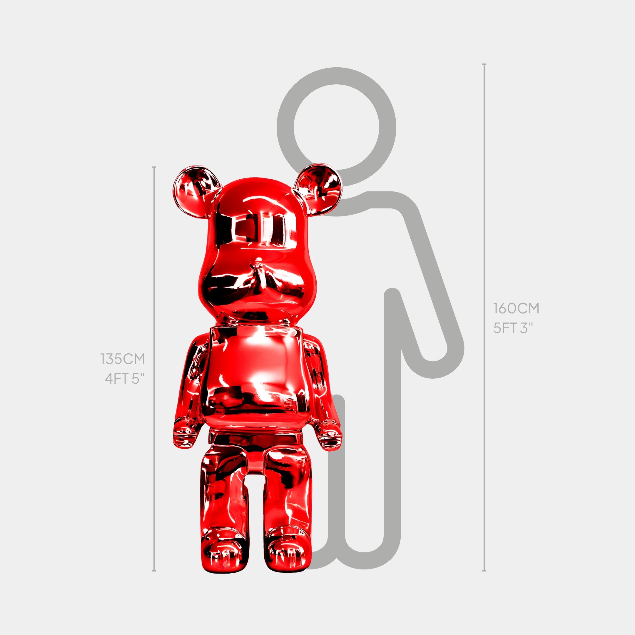 Ruby Red Bear Sculpture 135cm - Front View, handcrafted and electroplated in striking red mirror finish.