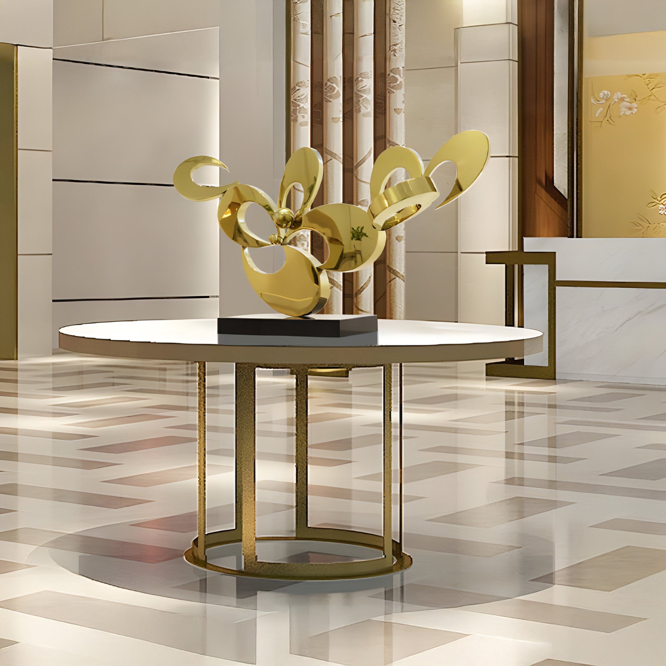 Abstract floral sculpture placed in a modern luxurious room, highlighting its flowing design.