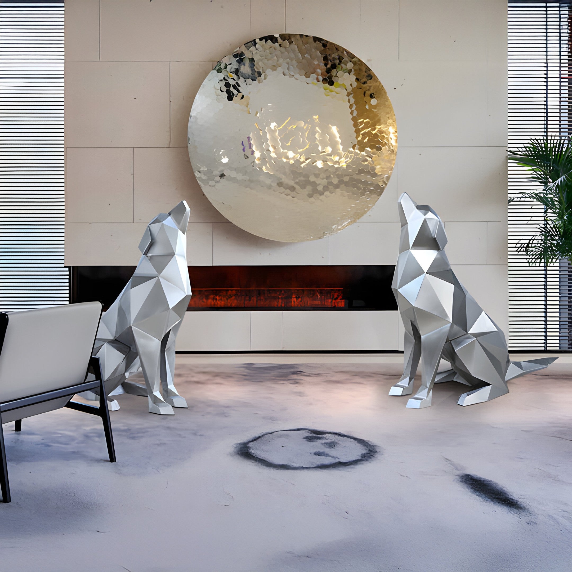 The stainless steel sculpture placed indoors in a luxurious setting.