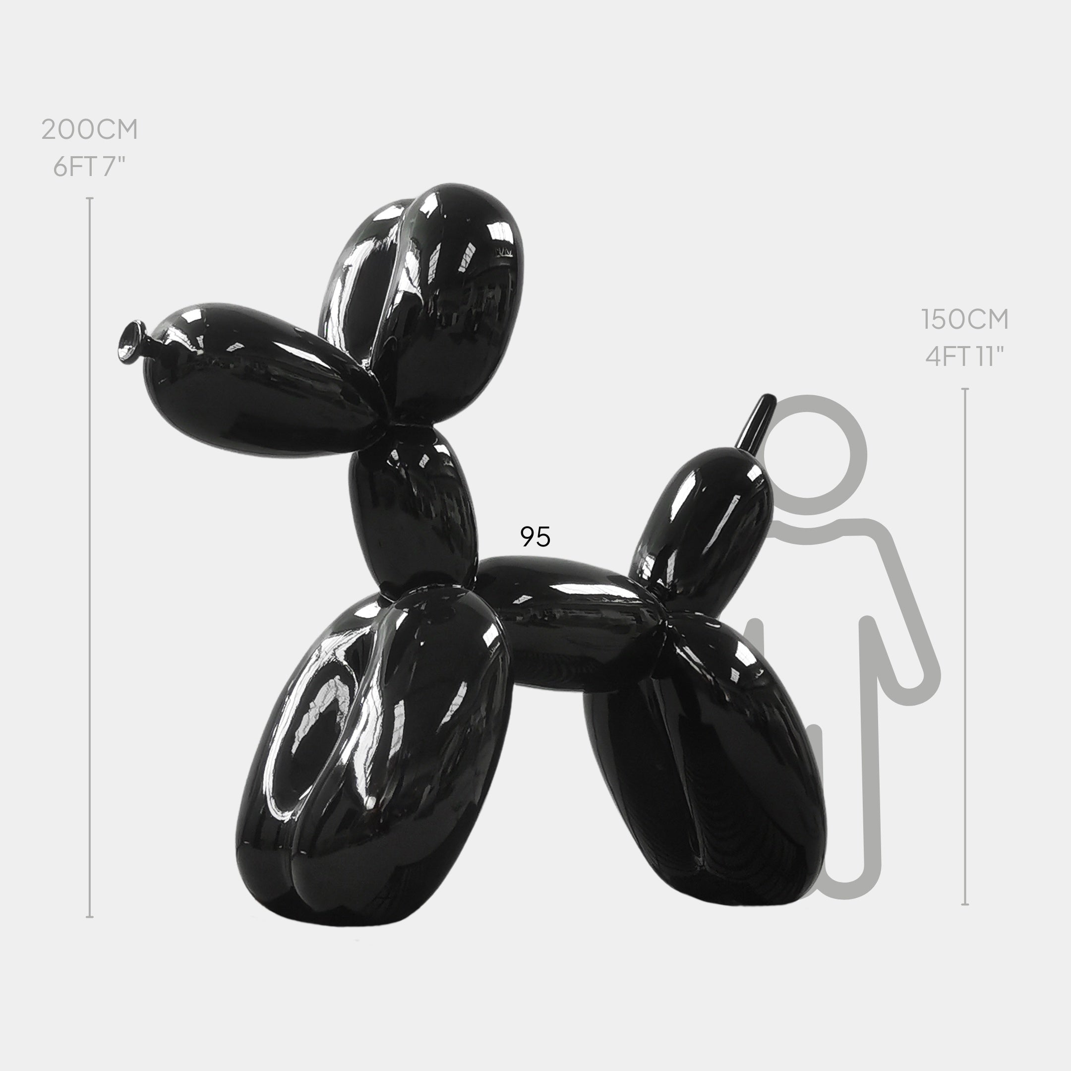 The Onyx Black Balloon Dog Sculpture (200cm) by Giant Sculptures stands with contemporary elegance, towering over a 150cm silhouette. This glossy piece exudes modern luxury, demanding attention with its impressive size.