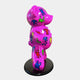 The limited edition Gacko Keith Haring Bear Sculpture by Giant Sculptures showcases a glossy pink bear adorned with pop art-style figures in vibrant yellow, green, red, and blue. This lively 165cm piece elegantly sits on a round black base.