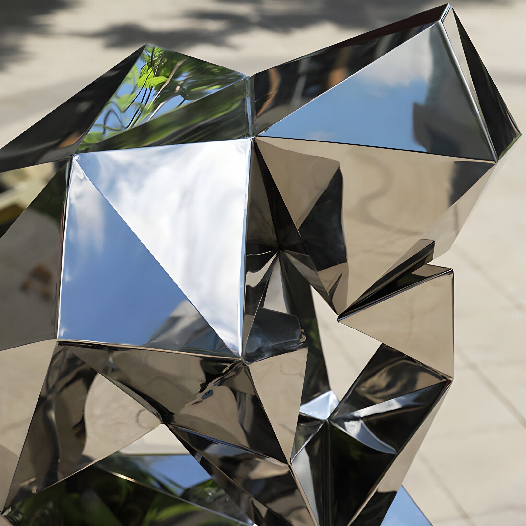 Close-up view of the silver human sculpture, focusing on the reflective, angular surfaces that create a fragmented mirror effect.