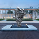 Reflective organic stainless steel artwork showcased in an outdoor garden. Modern decor centerpiece with abstract shapes, blending with natural surroundings.