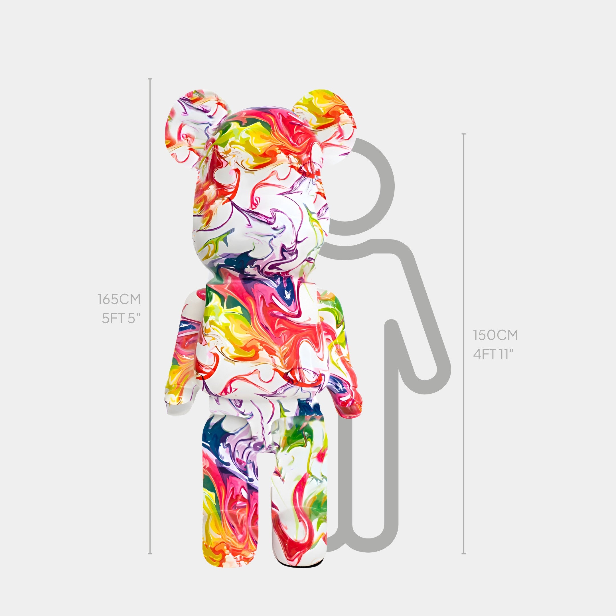 165cm Vogue bear sculpture featuring a vibrant swirl of red, yellow, green, and blue abstract patterns on a pristine white base.