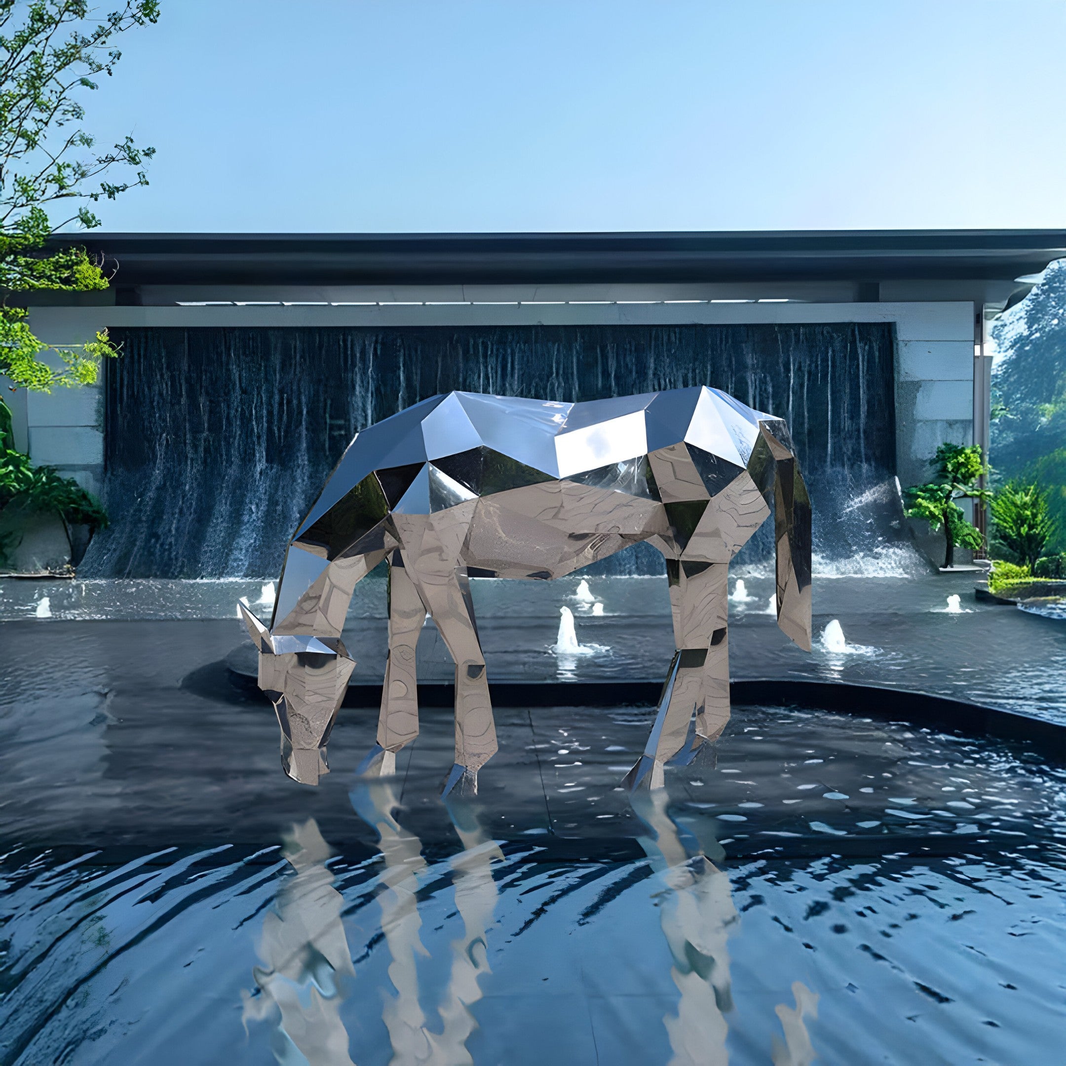 A grazing horse sculpture displayed outdoors next to a water feature, reflecting its surroundings.