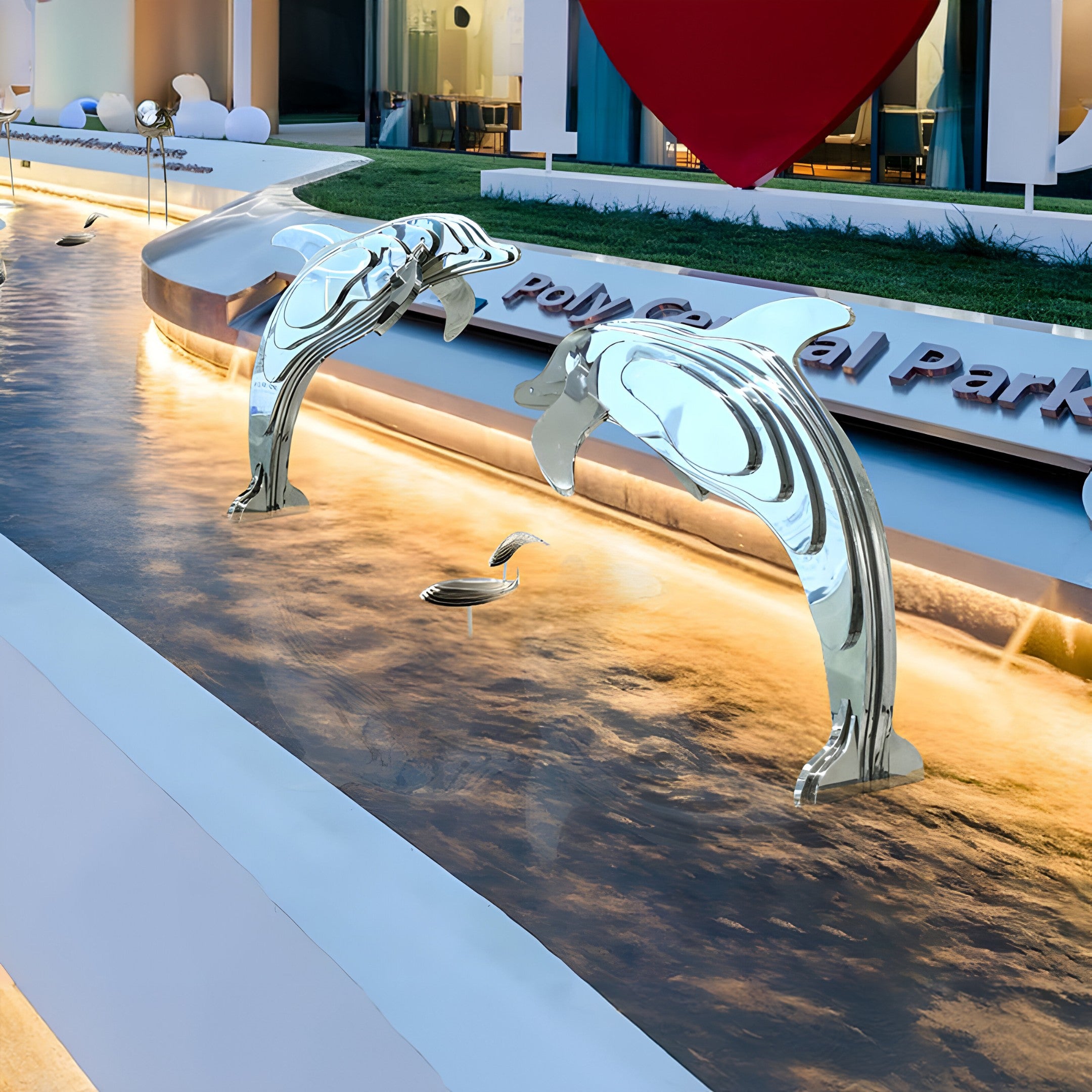 Abstract silver dolphin sculpture with smooth, layered lines, set in a stylish water feature, enhancing modern outdoor spaces