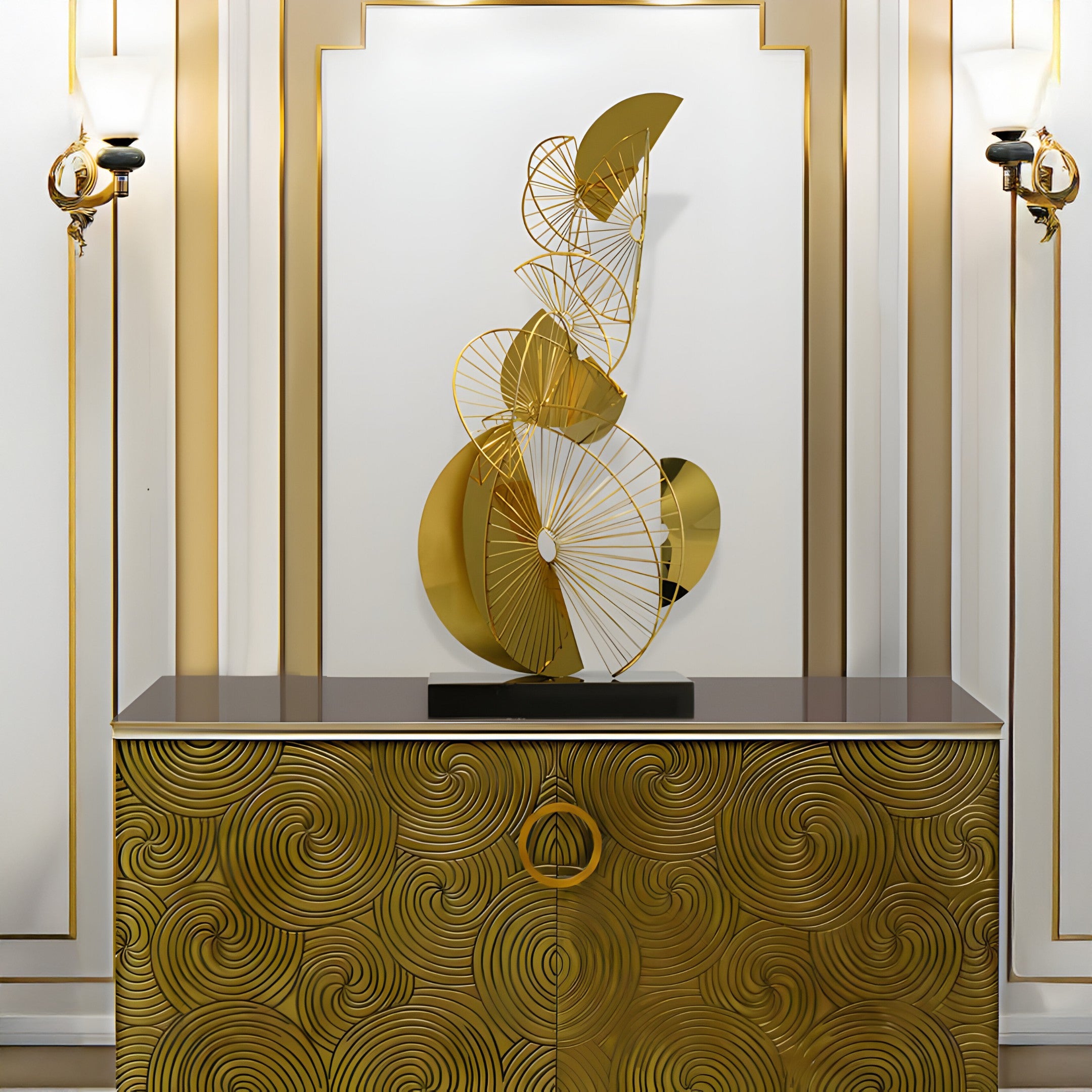 Gold sculpture placed on a console table in an elegant modern interior, with a decorative background.