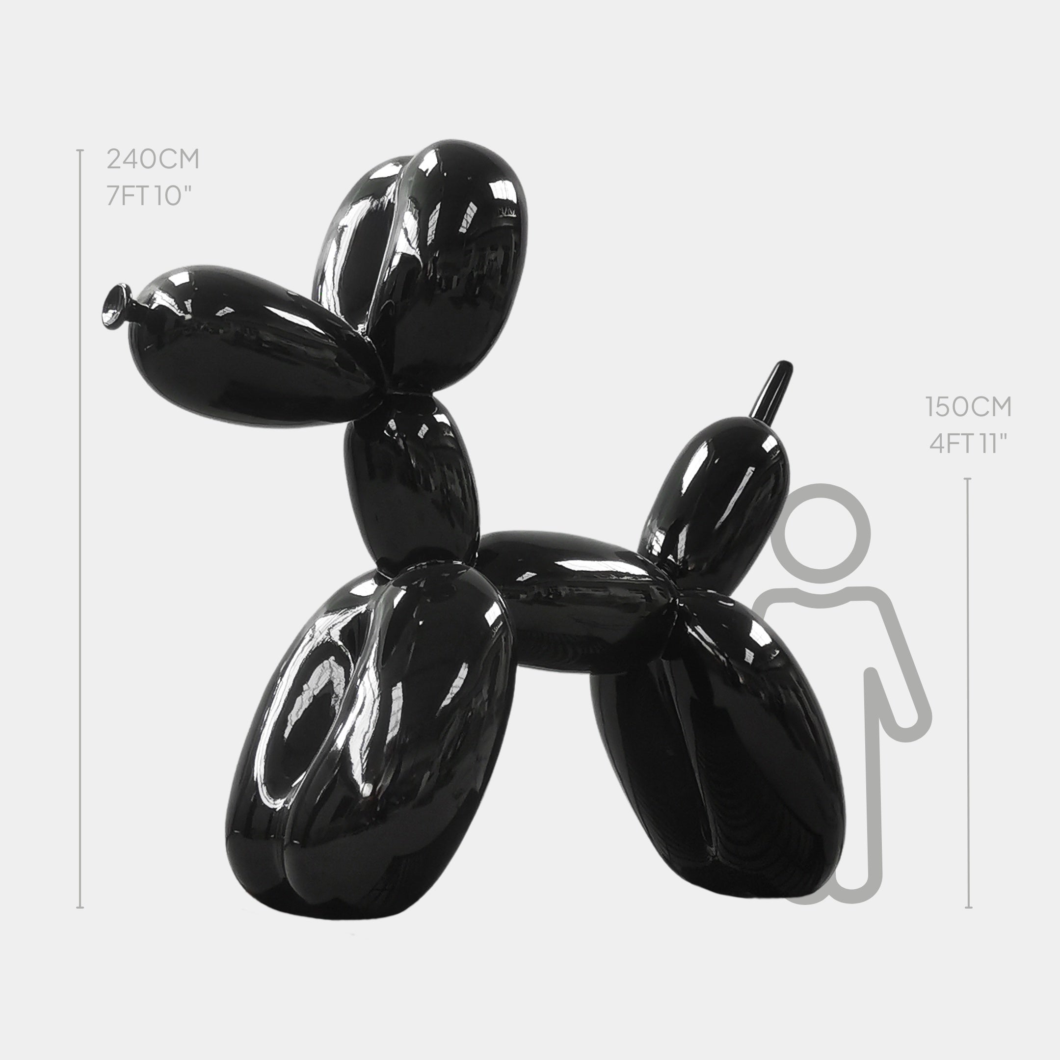 The Giant Sculptures Onyx Black Balloon Dog Sculpture, standing at 240cm (7ft 10in), exudes modern luxury. Next to it, a 150cm (4ft 11in) human figure illustration highlights its grandeur and captures contemporary arts essence.