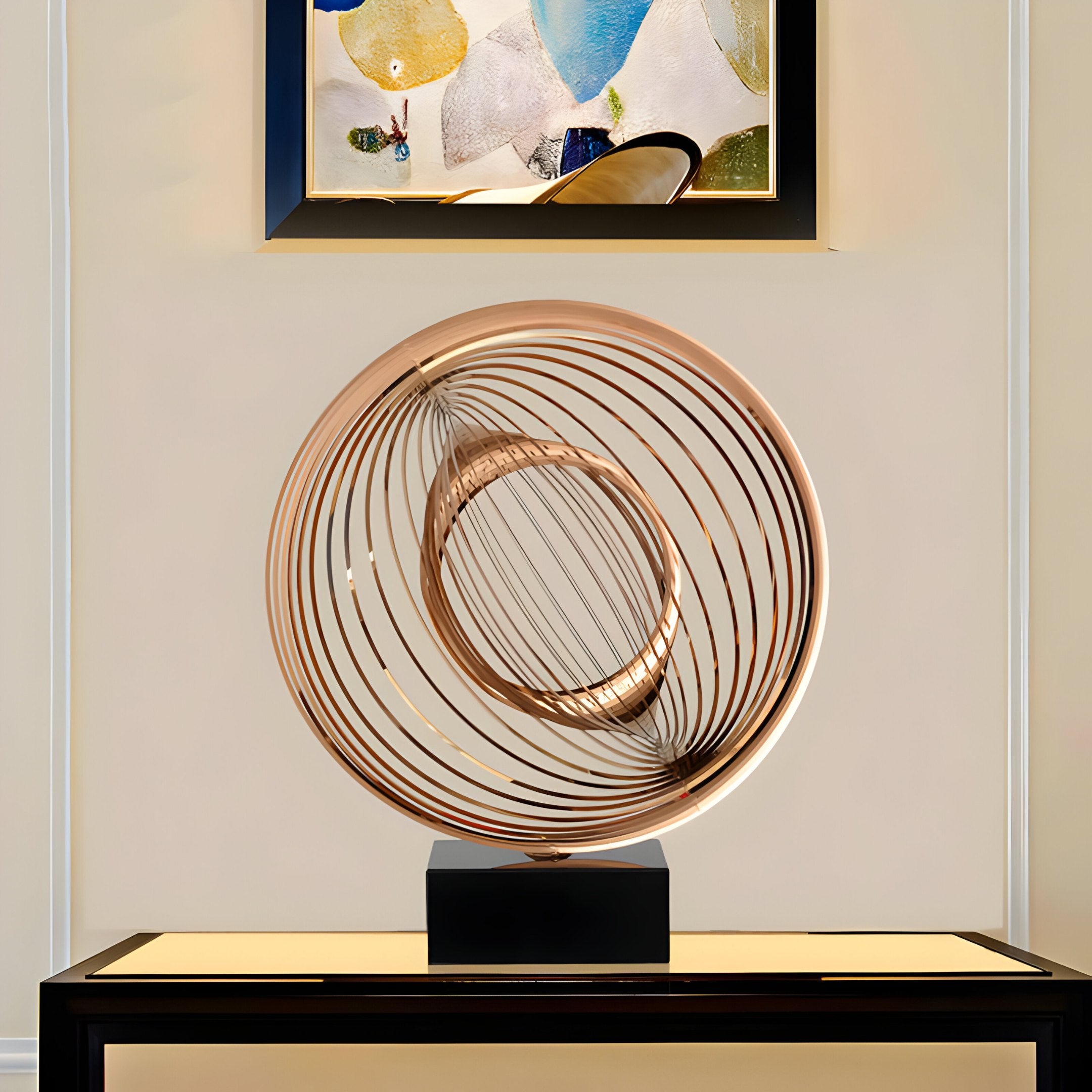 Circular copper sculpture displayed in a modern interior with natural light, accentuating the metallic finish.