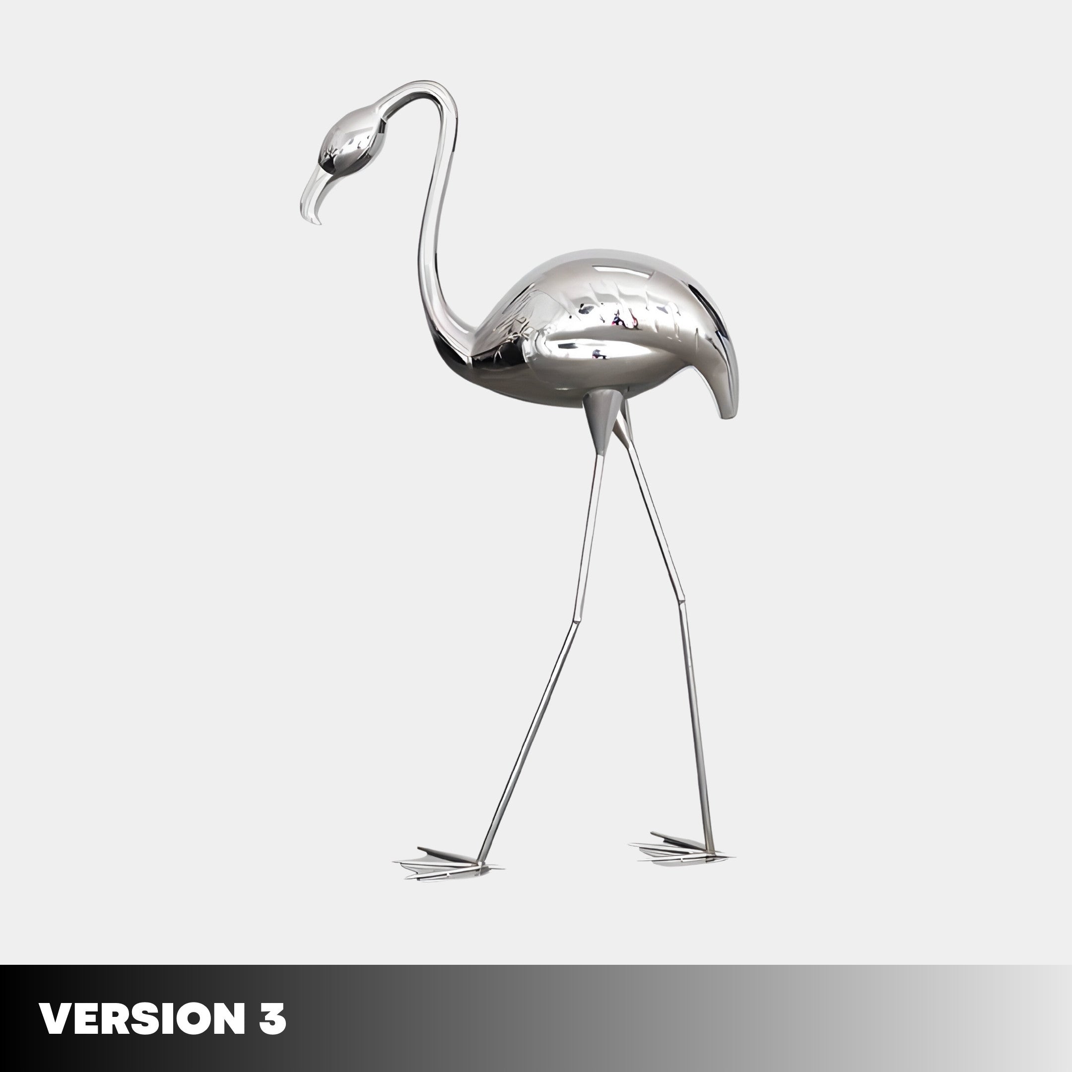 Various versions of the silver flamingo sculptures, each with slight variations in pose, displayed as part of a design collection.