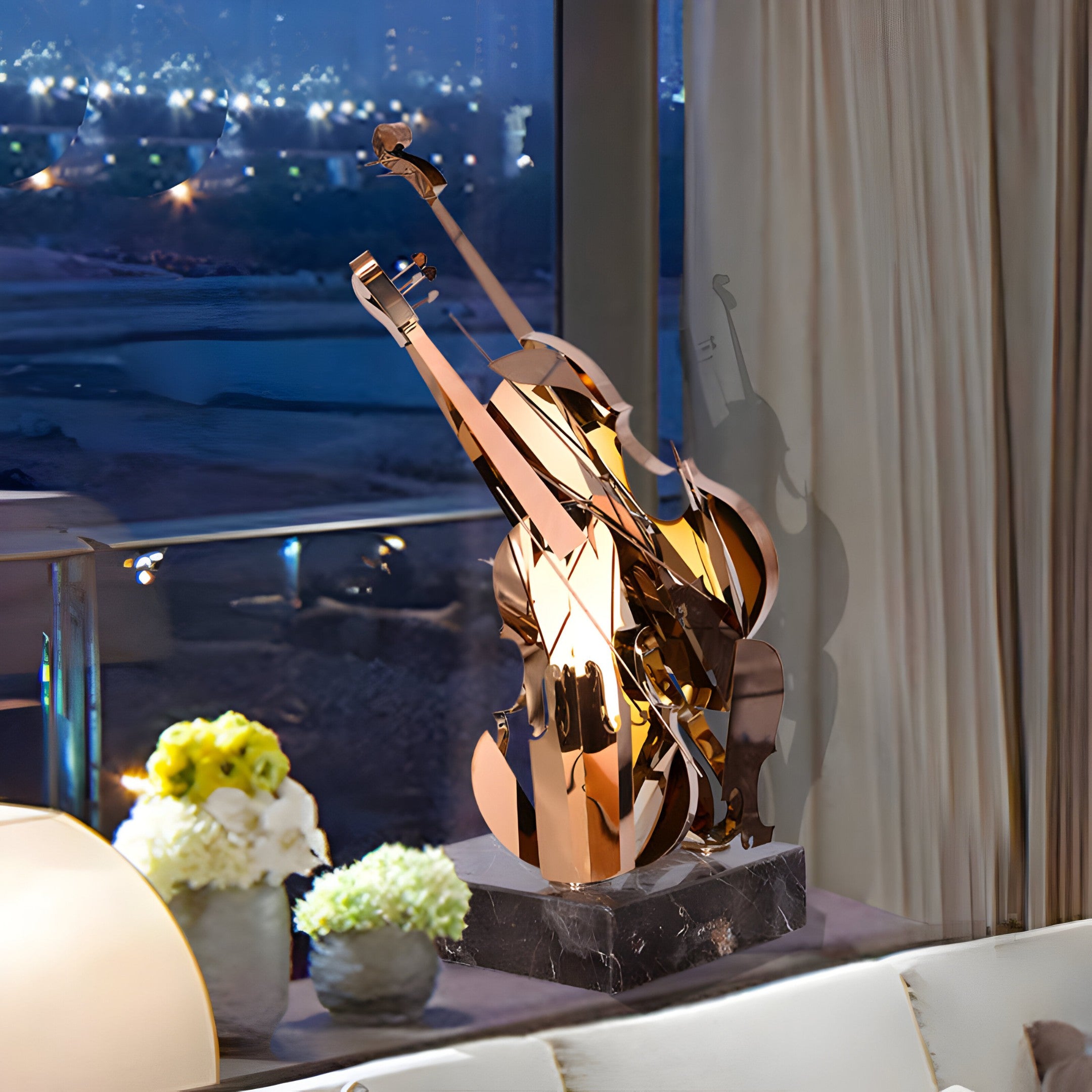 Bronze violin sculpture placed in a luxurious high-rise apartment next to a large window, overlooking the city skyline.