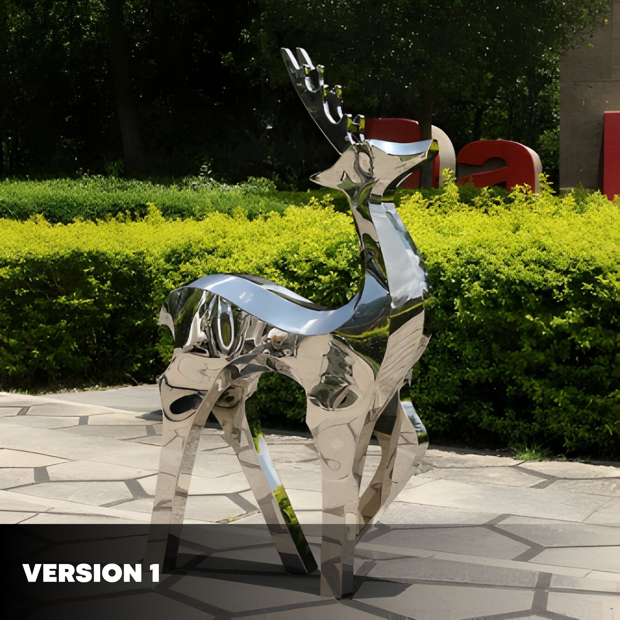 The Deer Organic Steel Outdoor Sculpture by Giant Sculptures, standing at 91/158cm, exemplifies modern stainless steel art on a paved walkway. Its polished surface reflects sunlight amidst lush green bushes.