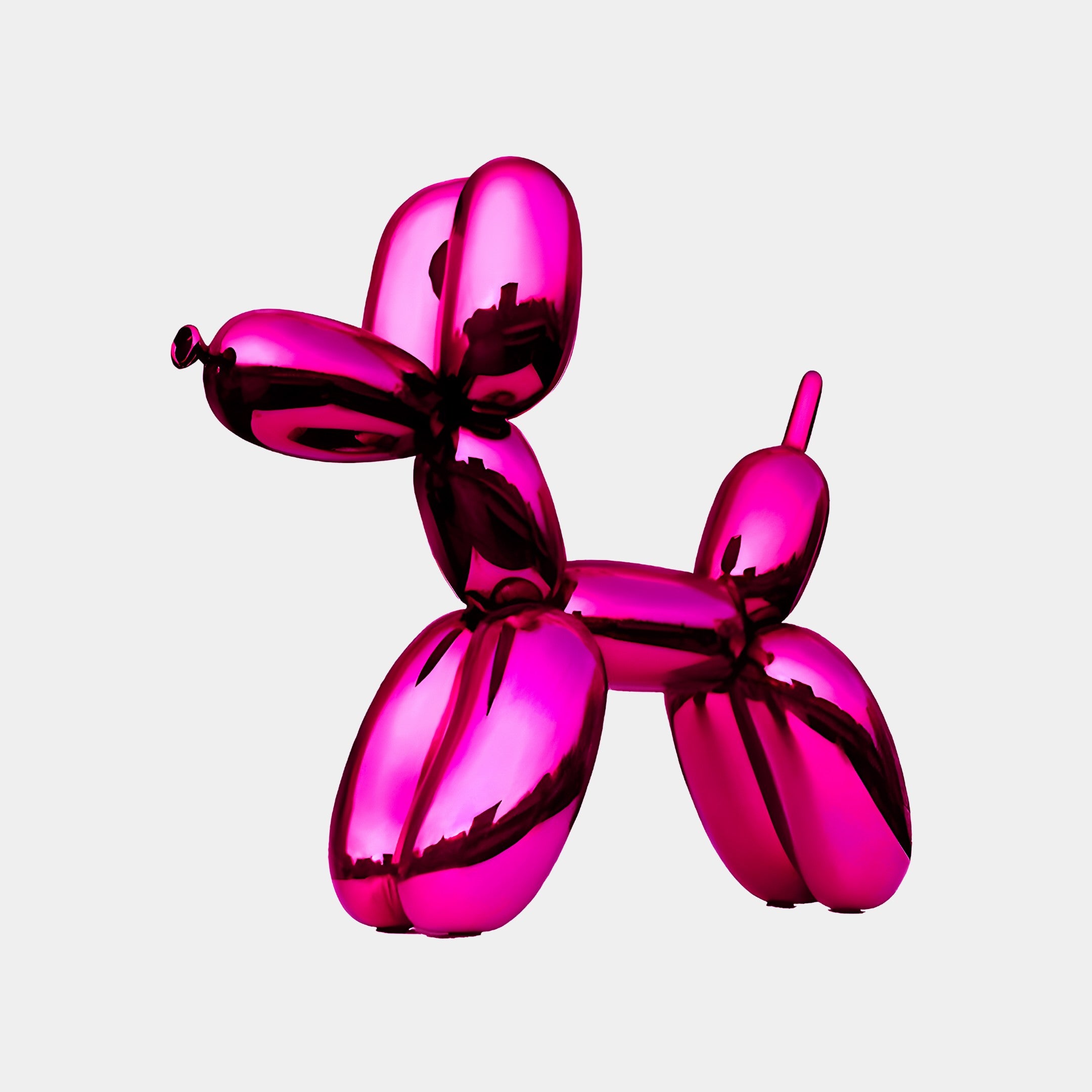 Bright pink dog sculpture with a glossy, reflective surface, posed playfully with its tail up. This 90cm sculpture mimics the look of a balloon animal.