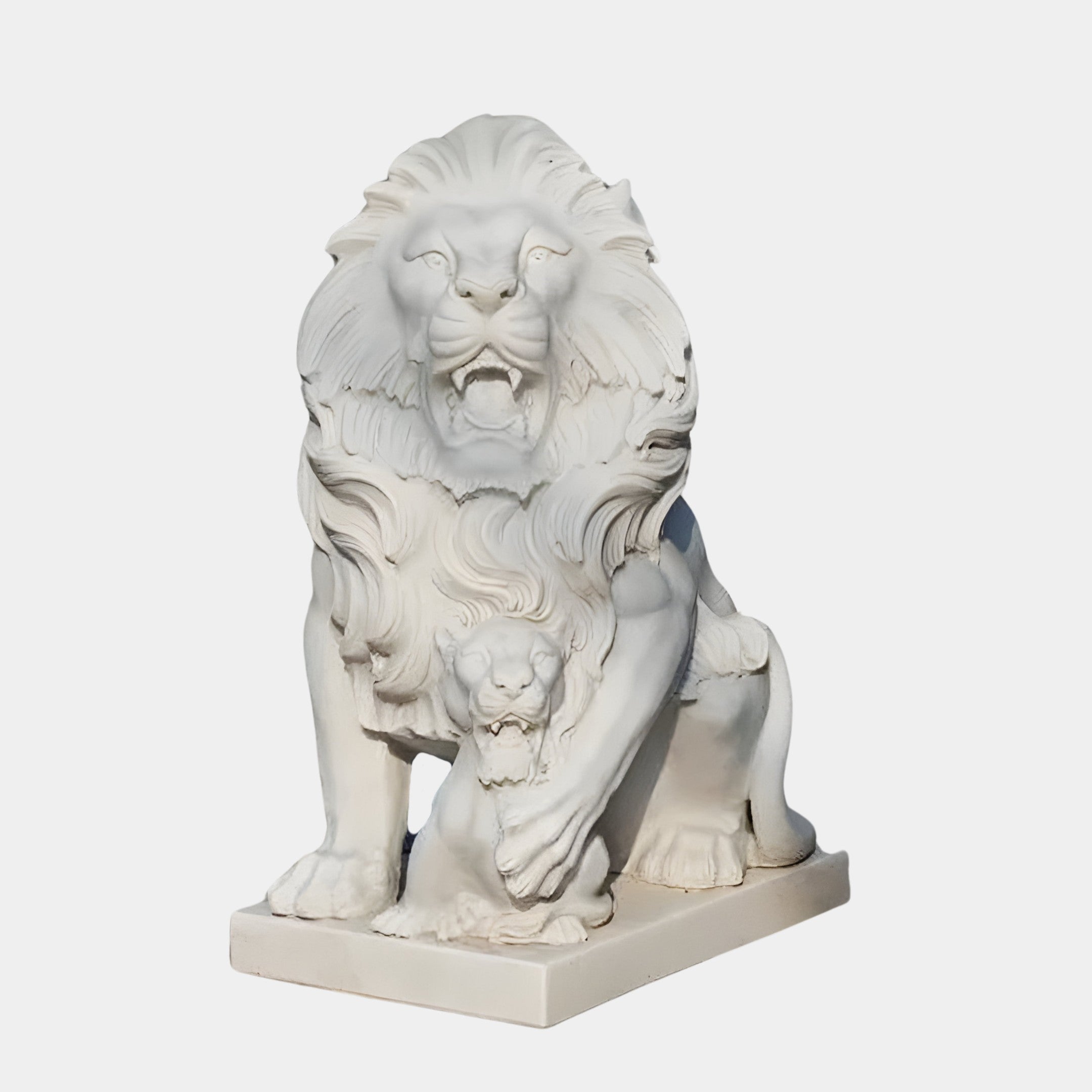 This exquisite garden art piece by Giant Sculptures, the Giant Lion With Cub Marble Outdoor Sculpture - Customised, depicts a majestic white marble lion protectively towering over its cub on a rectangular base. The intricate mane and fierce expression convey strength and guardianship, making it a stunning luxury addition to any outdoor space.