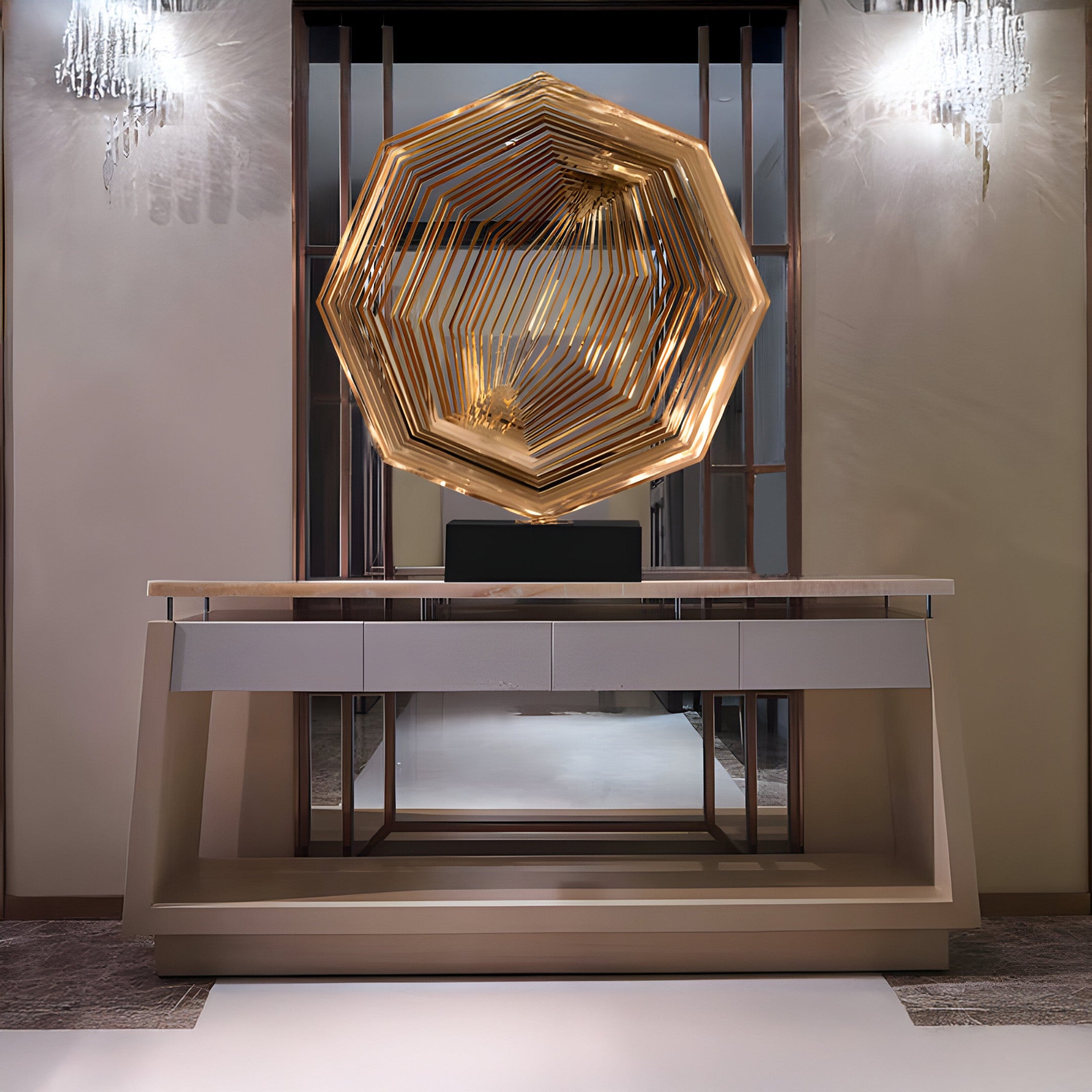 Bronze hexagonal layered sculpture placed on a console table in a modern entryway with minimalist décor.