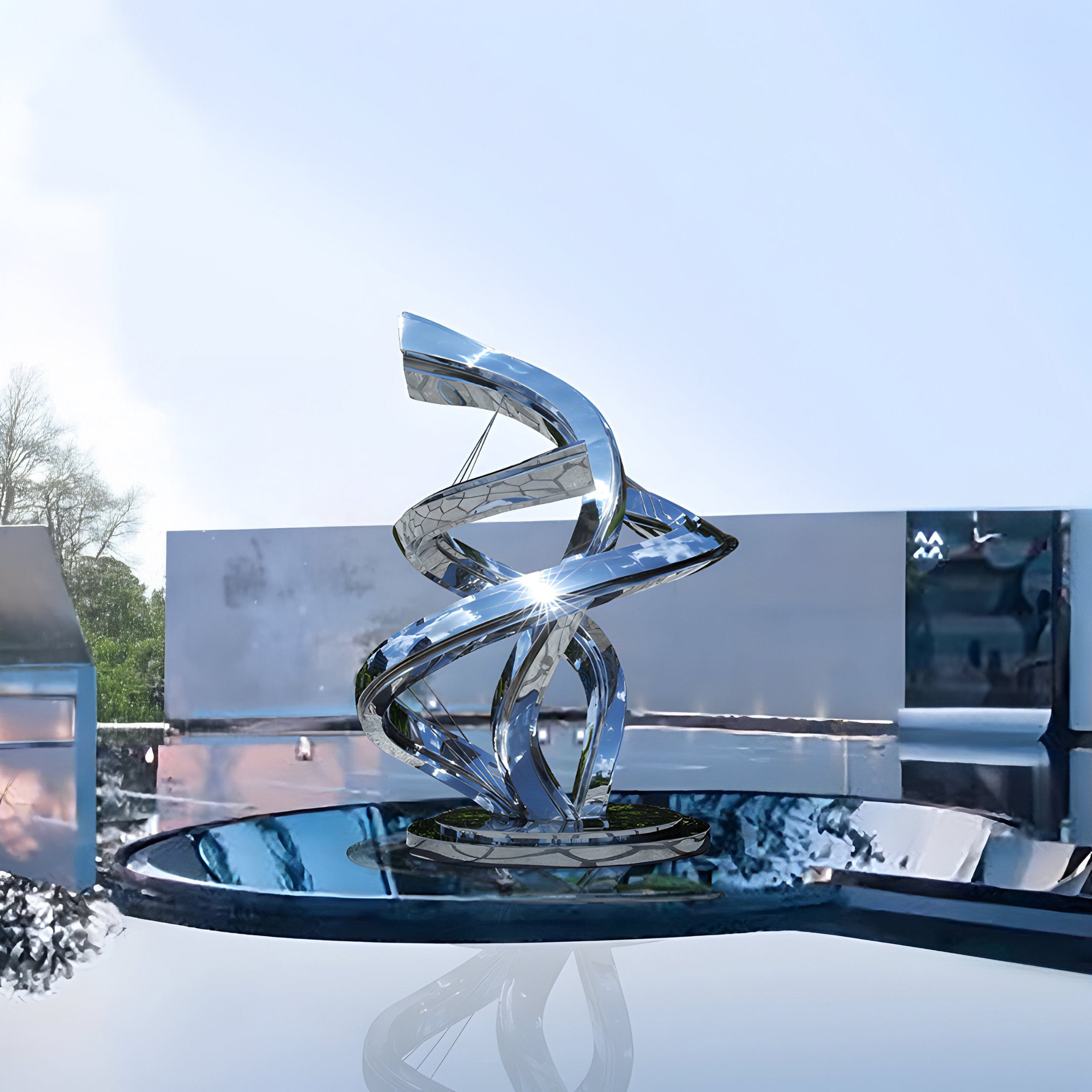 Standing outdoors on a reflective surface, the Twist Silver Abstract Outdoor Steel Sculpture by Giant Sculptures captivates with its modern design featuring twisting, ribbon-like shapes. The sky is bright and clear, complemented by architectural elements in the background. This impressive piece stands 168 cm tall.