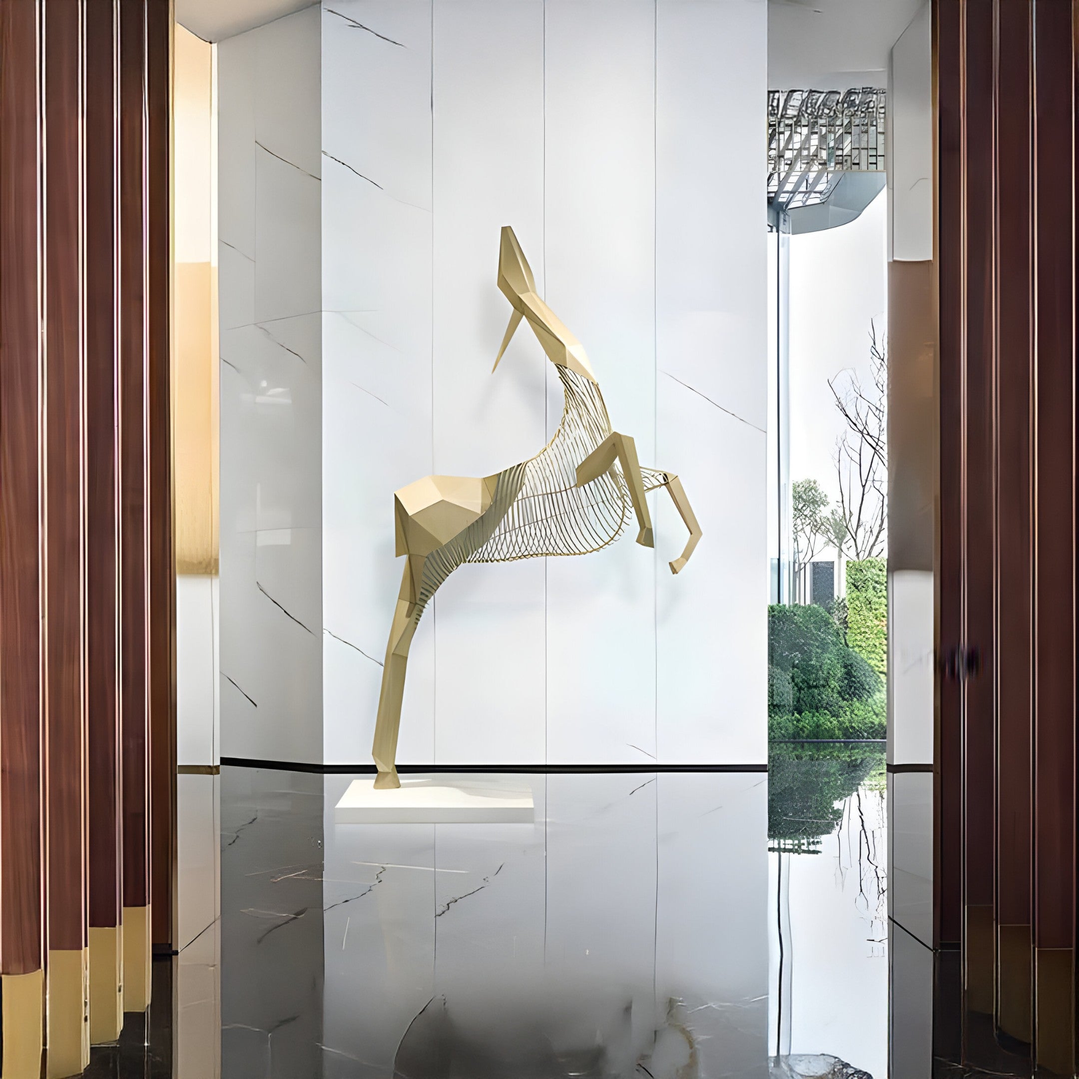 Sculpture displayed in a sophisticated modern hallway, showcasing the golden and wireframe details.