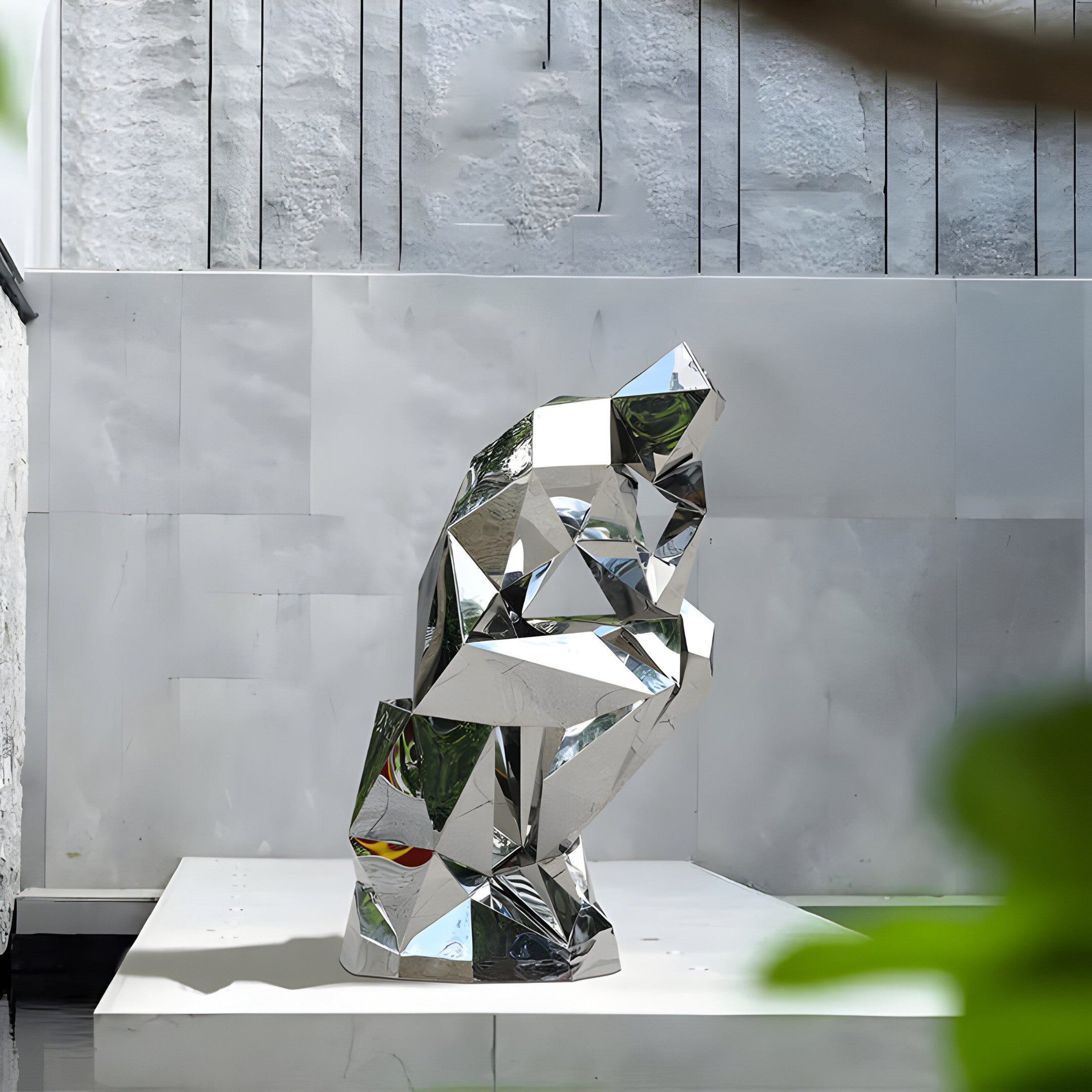 Full view of the silver human sculpture placed outdoors on a white platform, contrasting with a modern stone wall and greenery in the background.