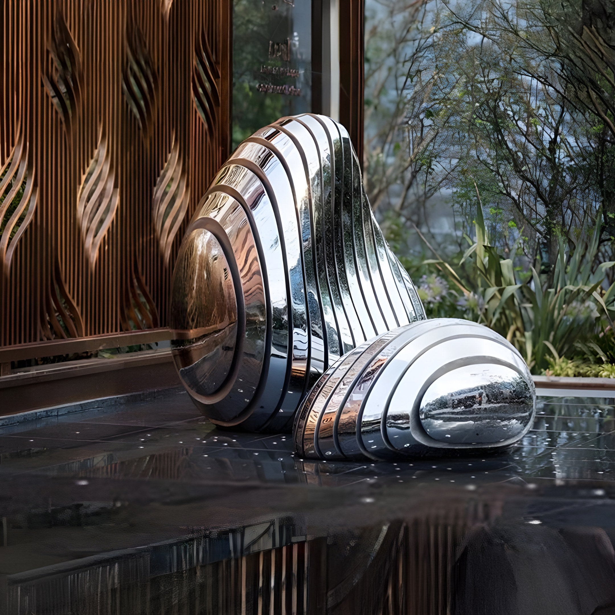 Ripple stainless steel sculpture placed in a modern water garden setting.