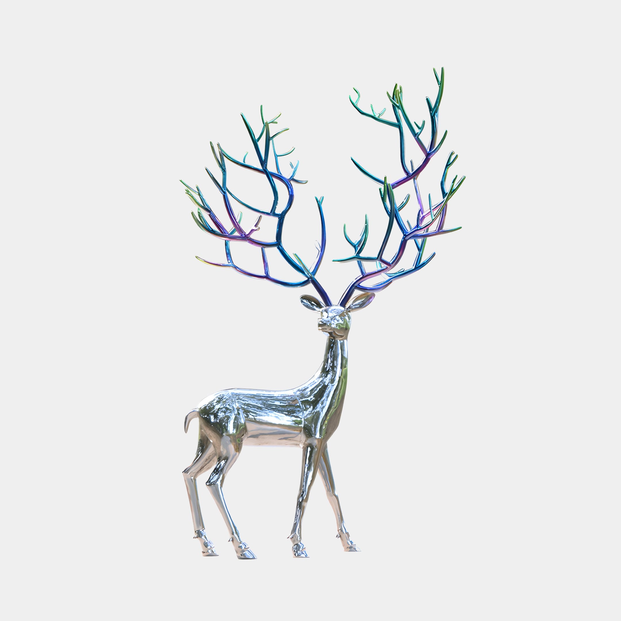 Full view of a stainless steel stag sculpture with eye-catching, colorful antlers, perfect for modern outdoor or garden decor.