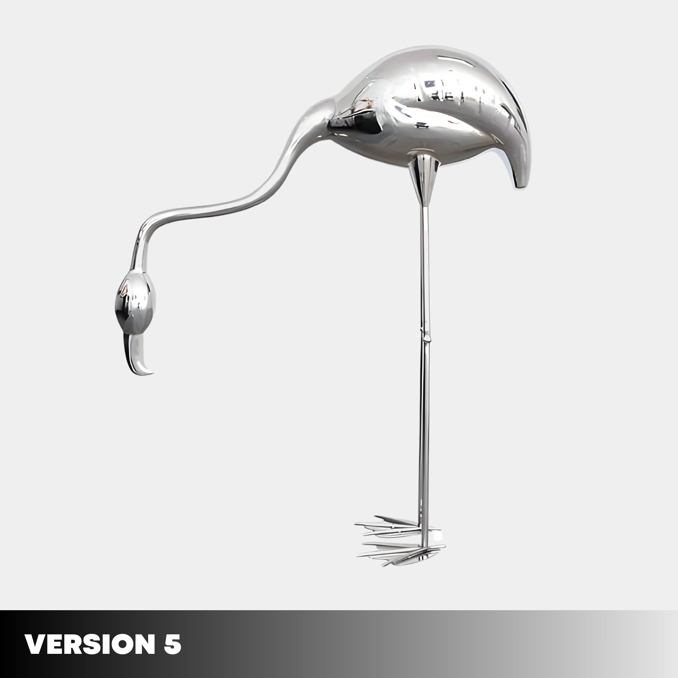 Various versions of the silver flamingo sculptures, each with slight variations in pose, displayed as part of a design collection.