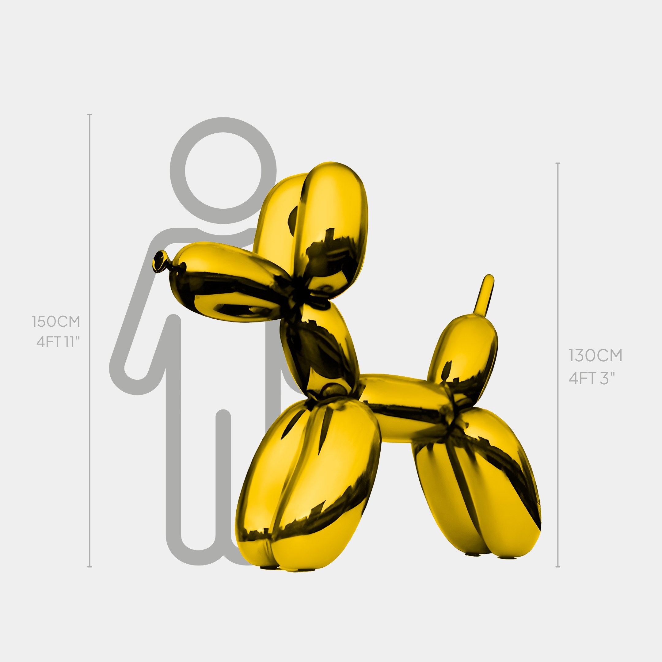 The Gilded Gold Balloon Dog Sculpture - 130cm by Giant Sculptures, an electroplated yellow masterpiece, stands beside a gray silhouette of a 150 cm (4 ft 11 in) tall person, showcasing the sculptures height of 130 cm (4 ft 3 in) and adding modern luxury to the space.