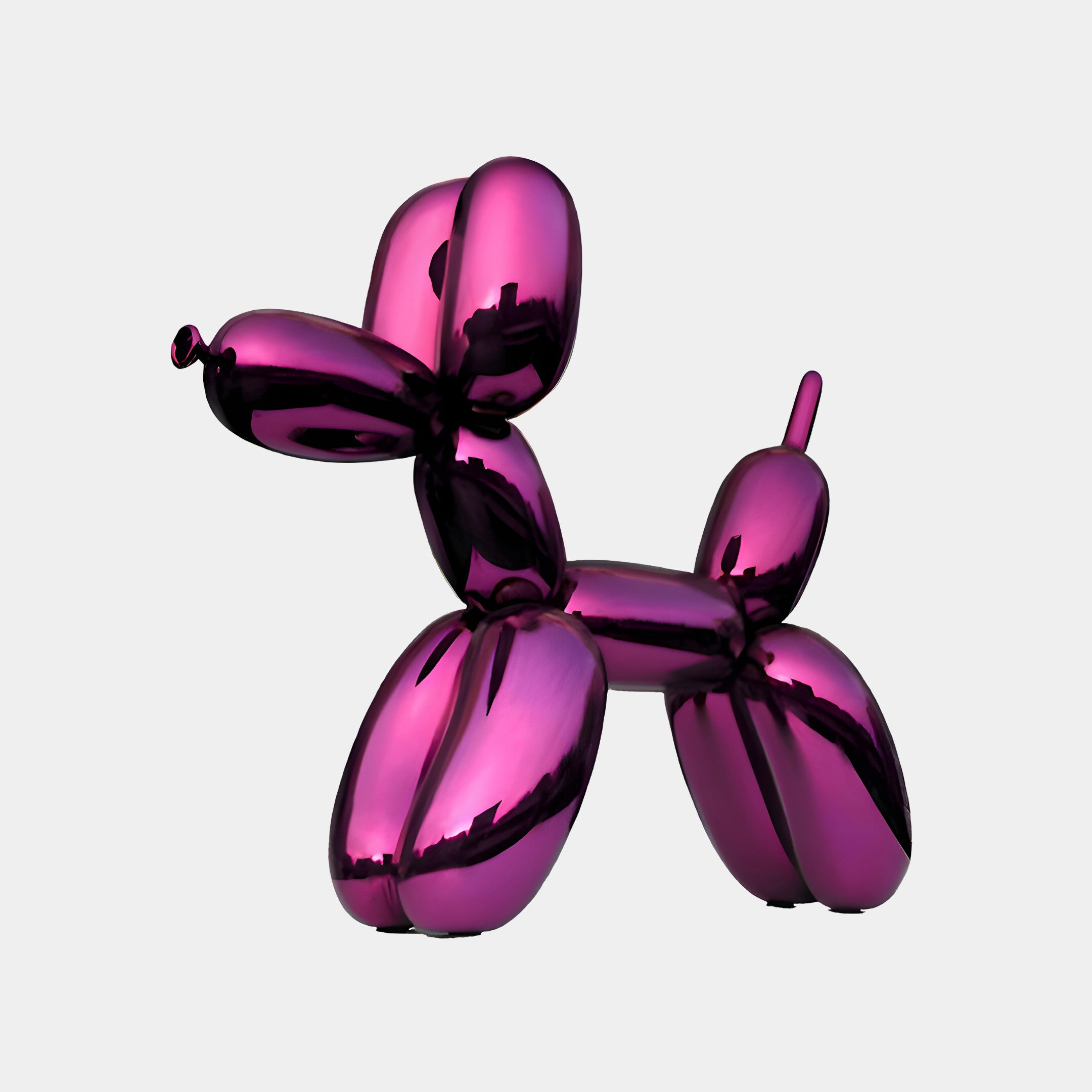 Shiny magenta dog sculpture with a smooth, reflective surface, standing in a playful pose with its tail raised. The sculpture is 90cm tall and has a whimsical, balloon-like appearance.