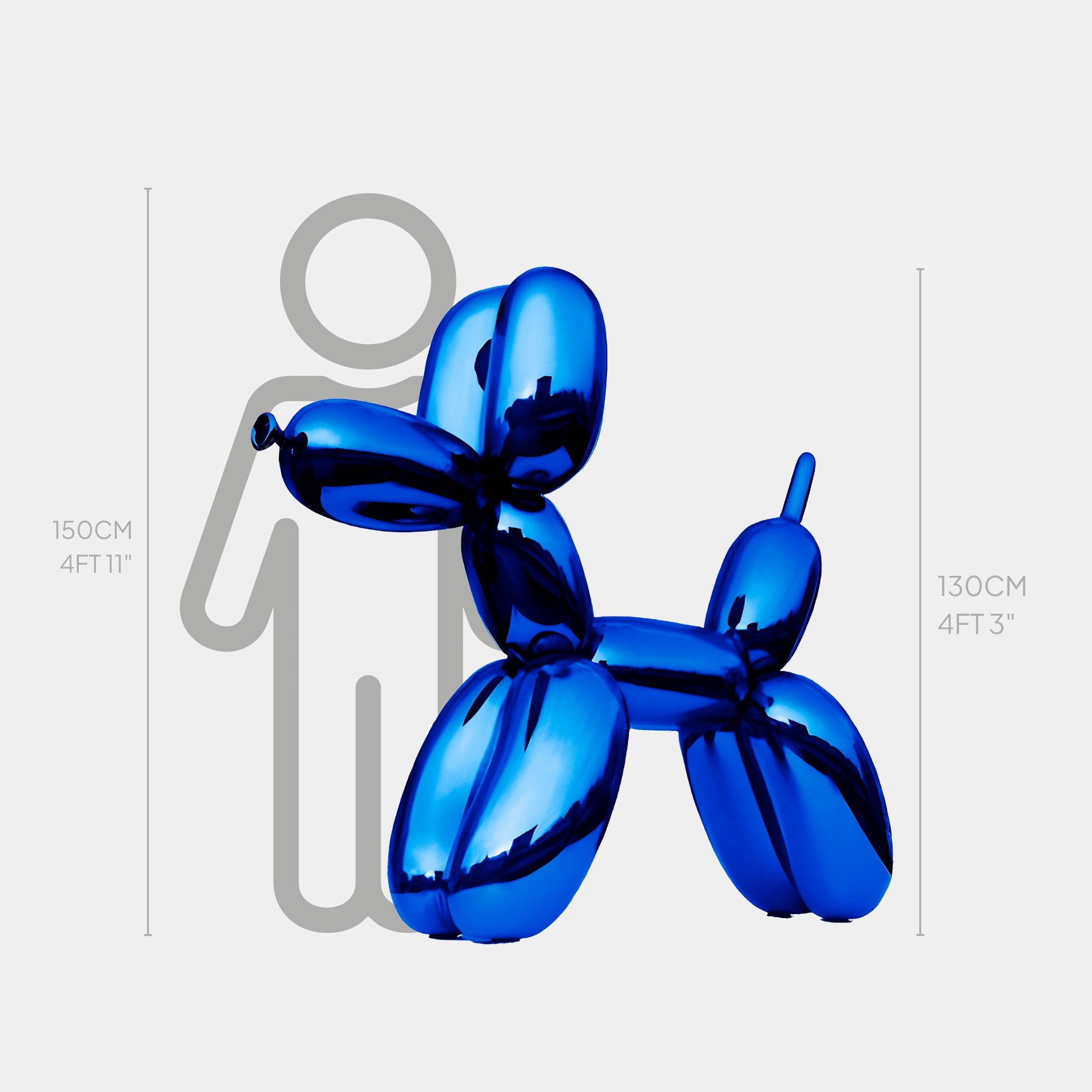 The Ocean Blue Balloon Dog Sculpture by Giant Sculptures, standing at 130cm (4ft 3in), is beside a grey silhouette marked at 150cm (4ft 11in), adding a modern touch to the scene.