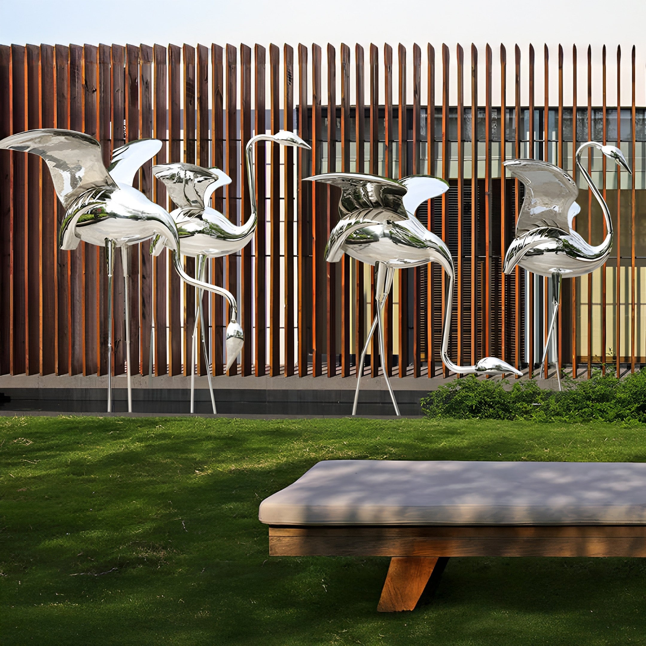 A group of stainless steel flamingo sculptures installed outdoors in a garden space.