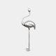 A stainless steel flamingo sculpture standing tall on thin legs, mounted on a black base.