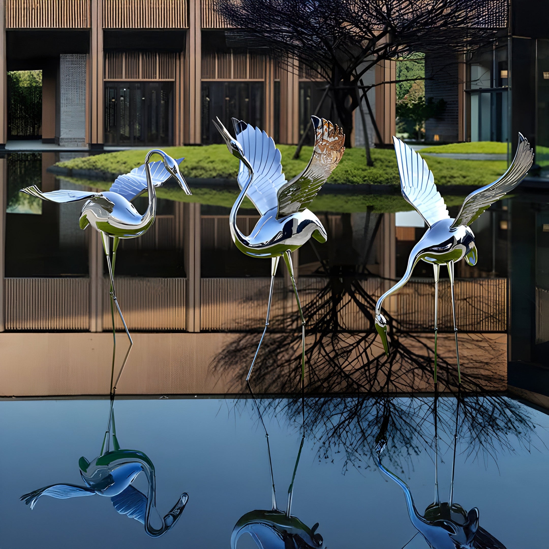 A group of silver flamingo sculptures placed outdoors by a water feature, reflecting the blue sky and trees in the water below.