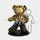 Gacko Feline Bear Sculpture - 165cm by Giant Sculptures is a glossy, limited edition standing on a black base. Its upper body has spots, the lower half monogram patterns, and its pop art style at 165 cm slightly towers over the silhouetted 150 cm figure next to it.