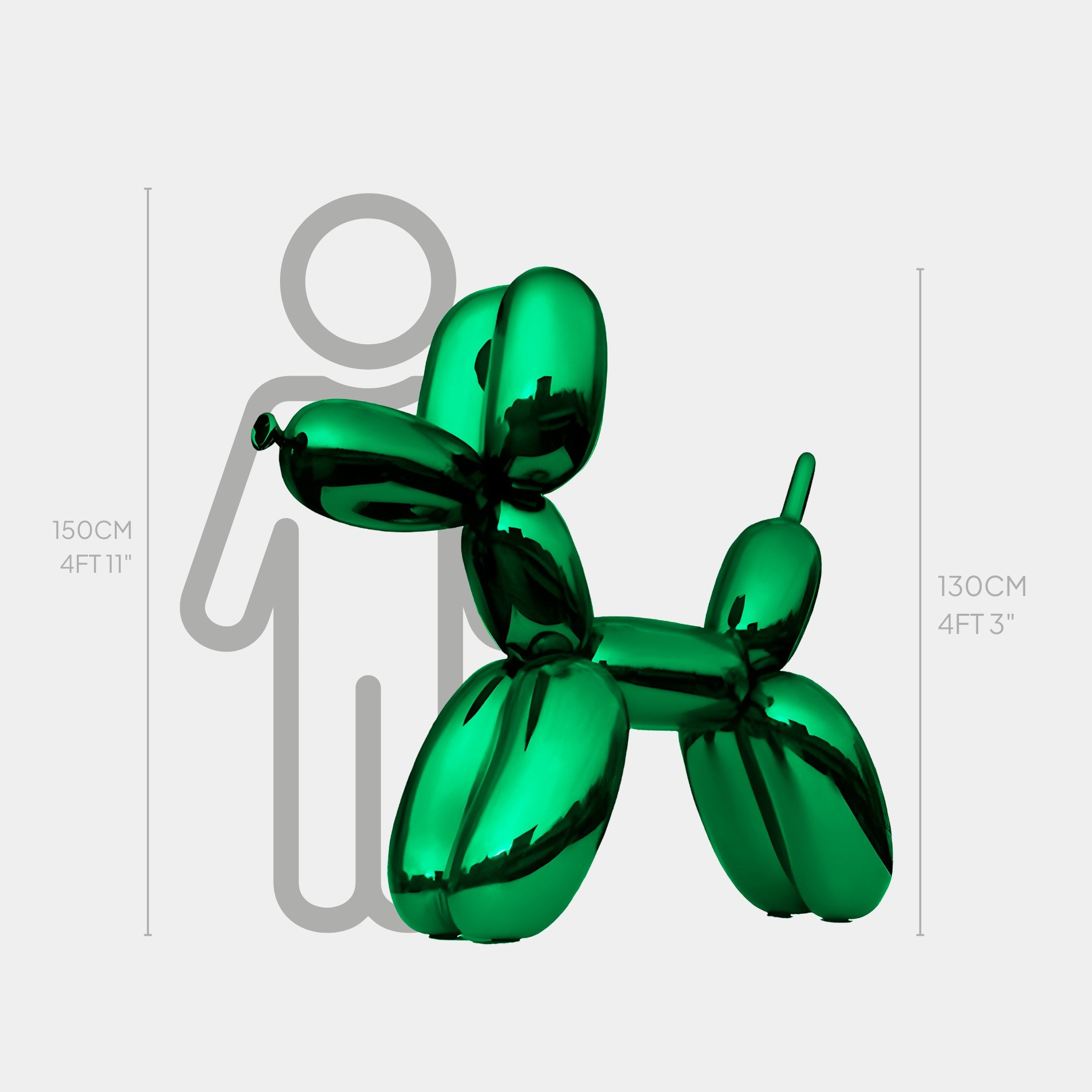 A Giant Sculptures Forrest Green Balloon Dog Sculpture with a high-gloss electroplated surface stands beside a 150cm gray stick figure. This 130cm masterpiece (4ft 3in) showcases a striking chrome finish, while the figure reaches 4ft 11in in height.