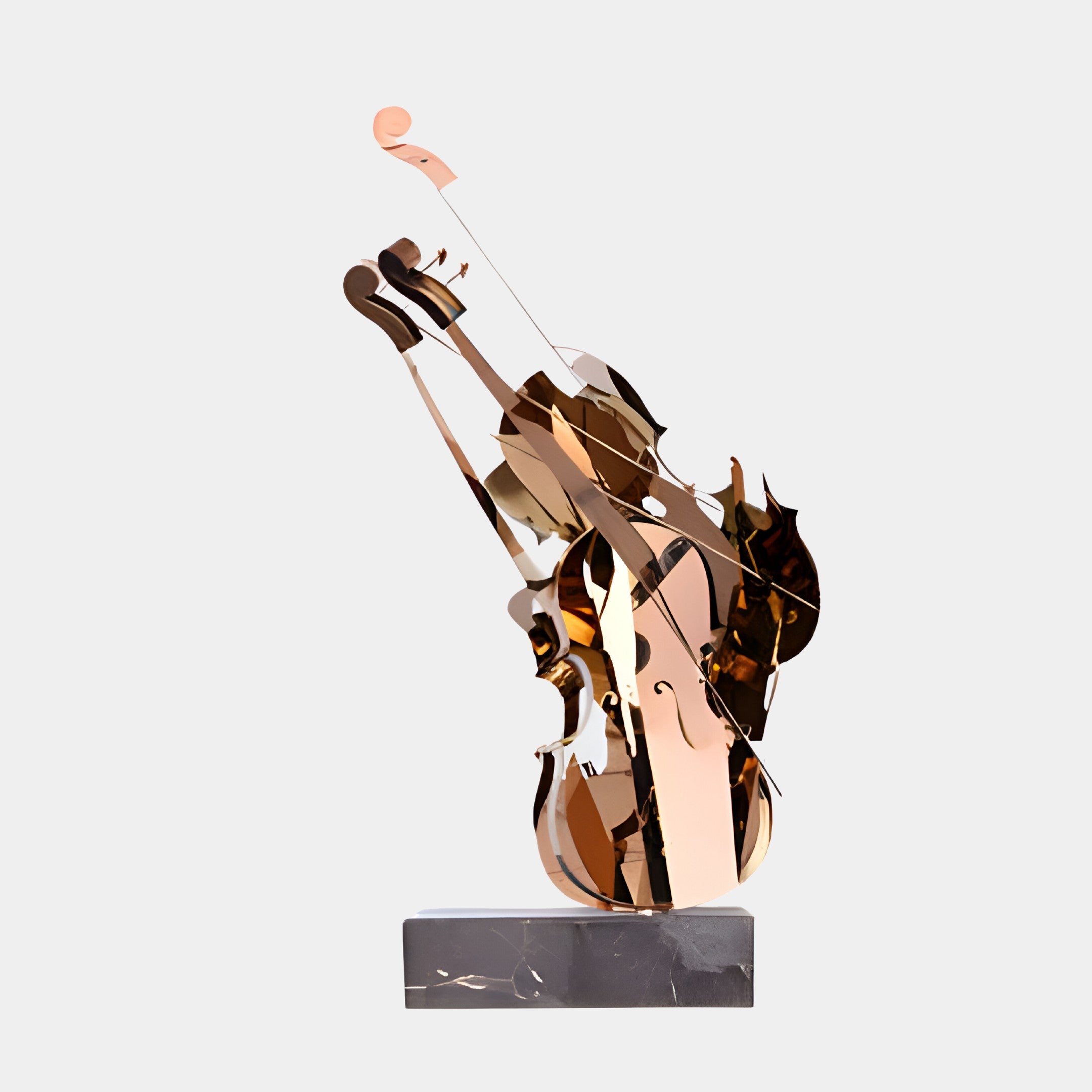 Artistic violin sculpture in bronze with intricate cutouts, mounted on a sleek black base.