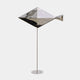 A geometric fish sculpture in silver, mounted on a tall metal stand.